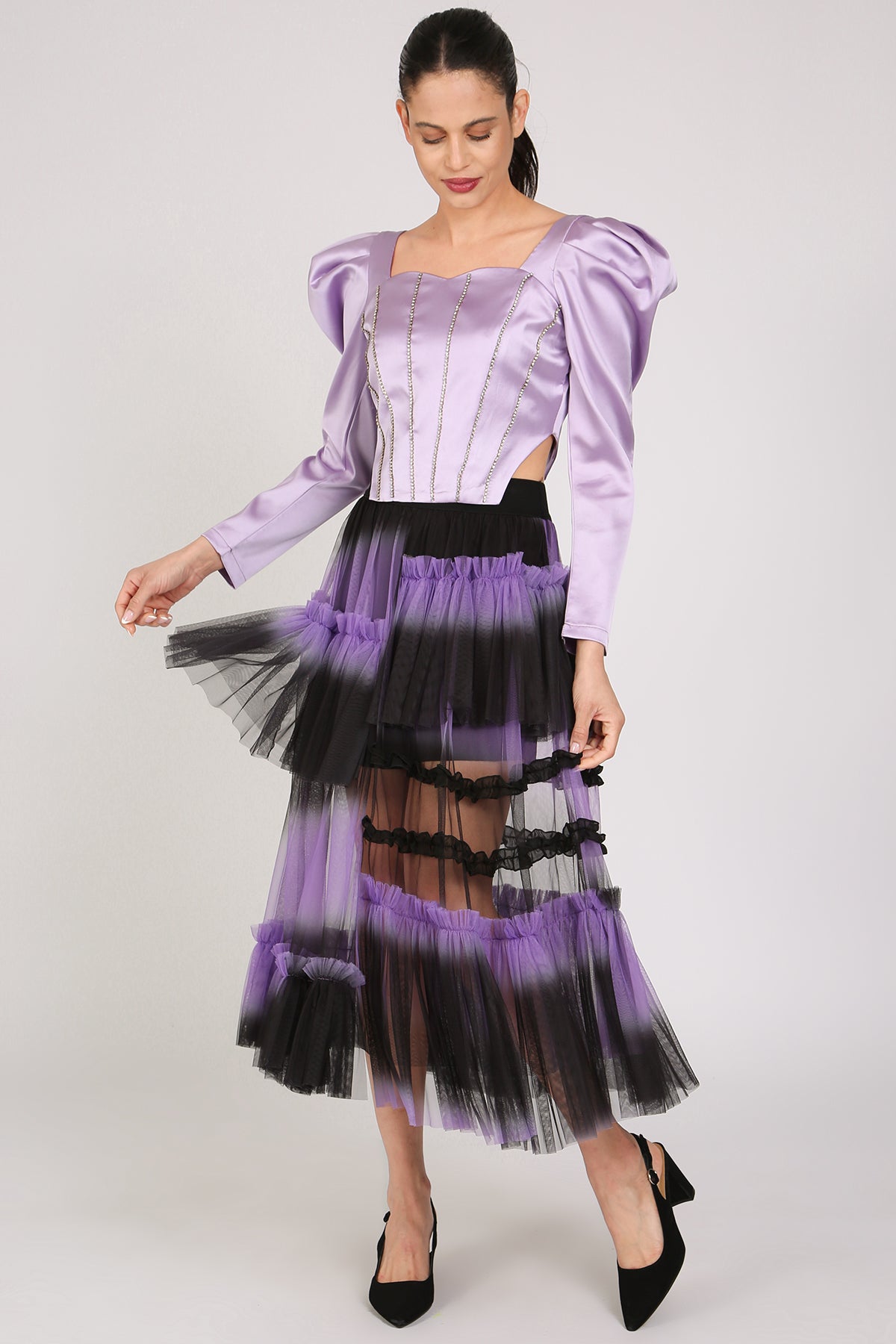Katya Asymmetrical Tiered Ruffles Frill Mesh Midi Skirt - Shop Beulah Style