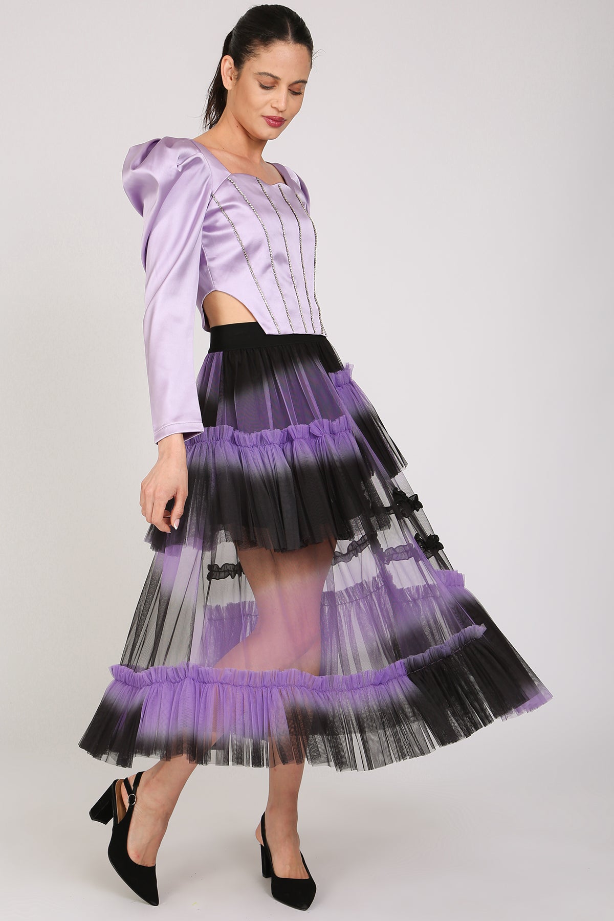 Katya Asymmetrical Tiered Ruffles Frill Mesh Midi Skirt - Shop Beulah Style