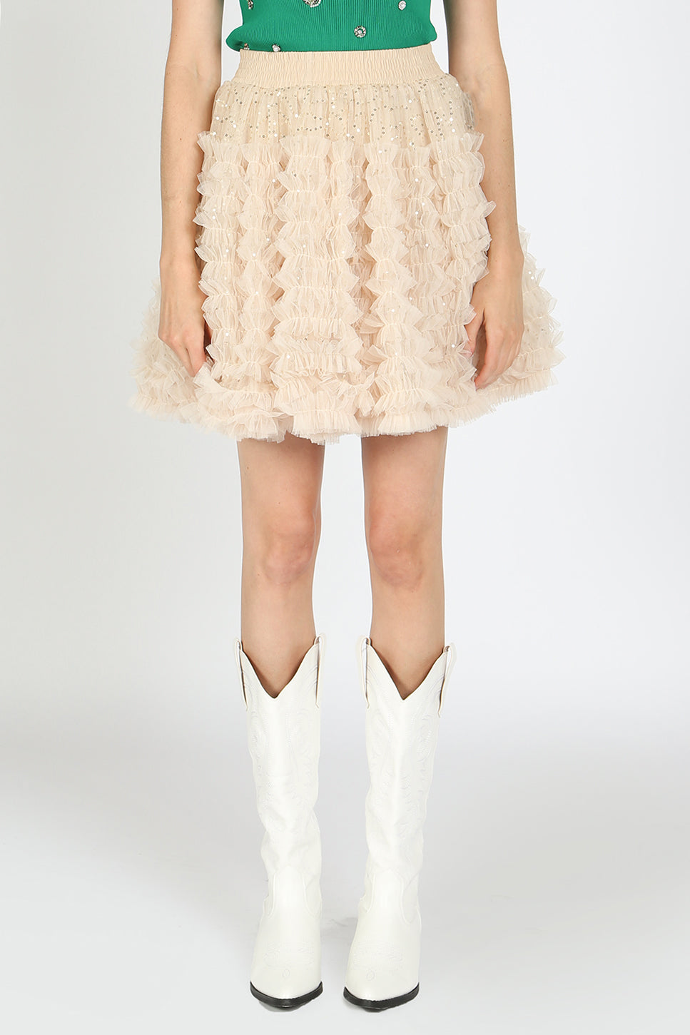 Remy Ruffle Frill Sequin Mesh Mini Skirt