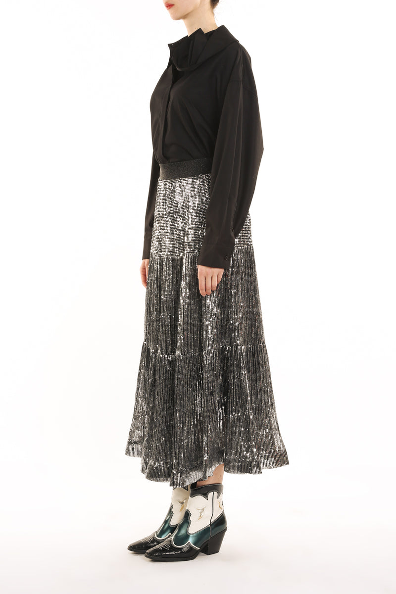 Kailey Sequin Detail Ribbed Tiered Long Skirt - Shop Beulah Style