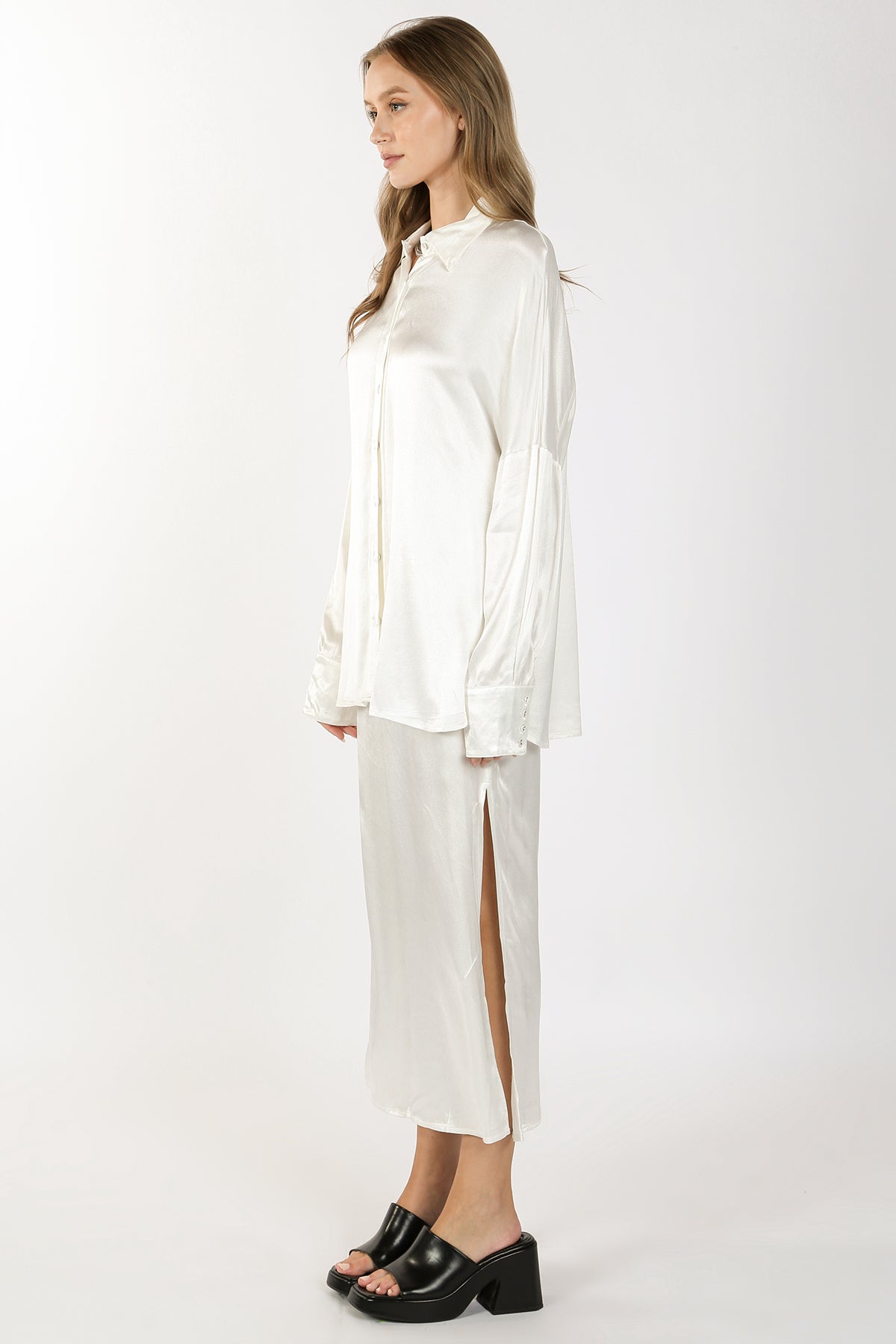 Mara Silk-Blended Satin Shirt & Slit Maxi Skirt Set - Shop Beulah Style