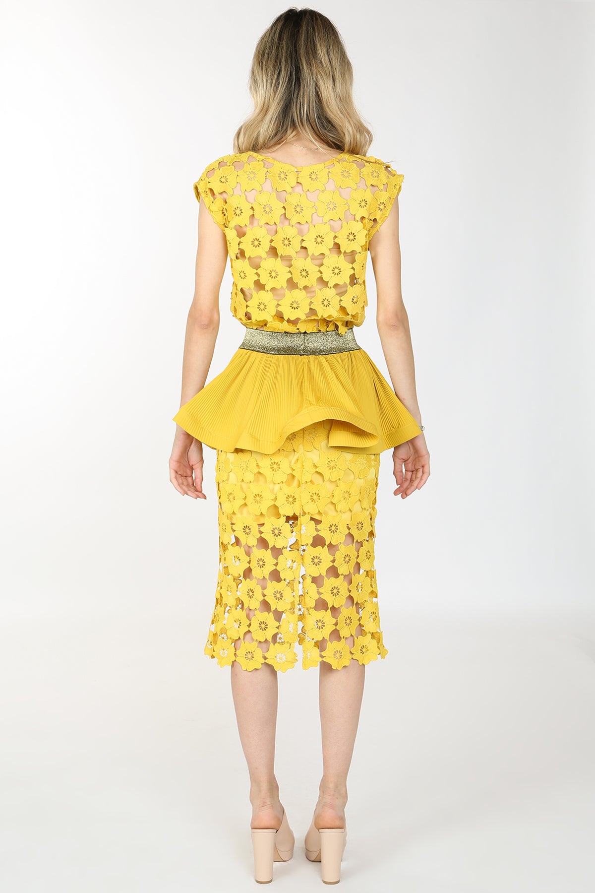 Amy Hollow Out Floral Lace Set & Pleats Mini Skirt