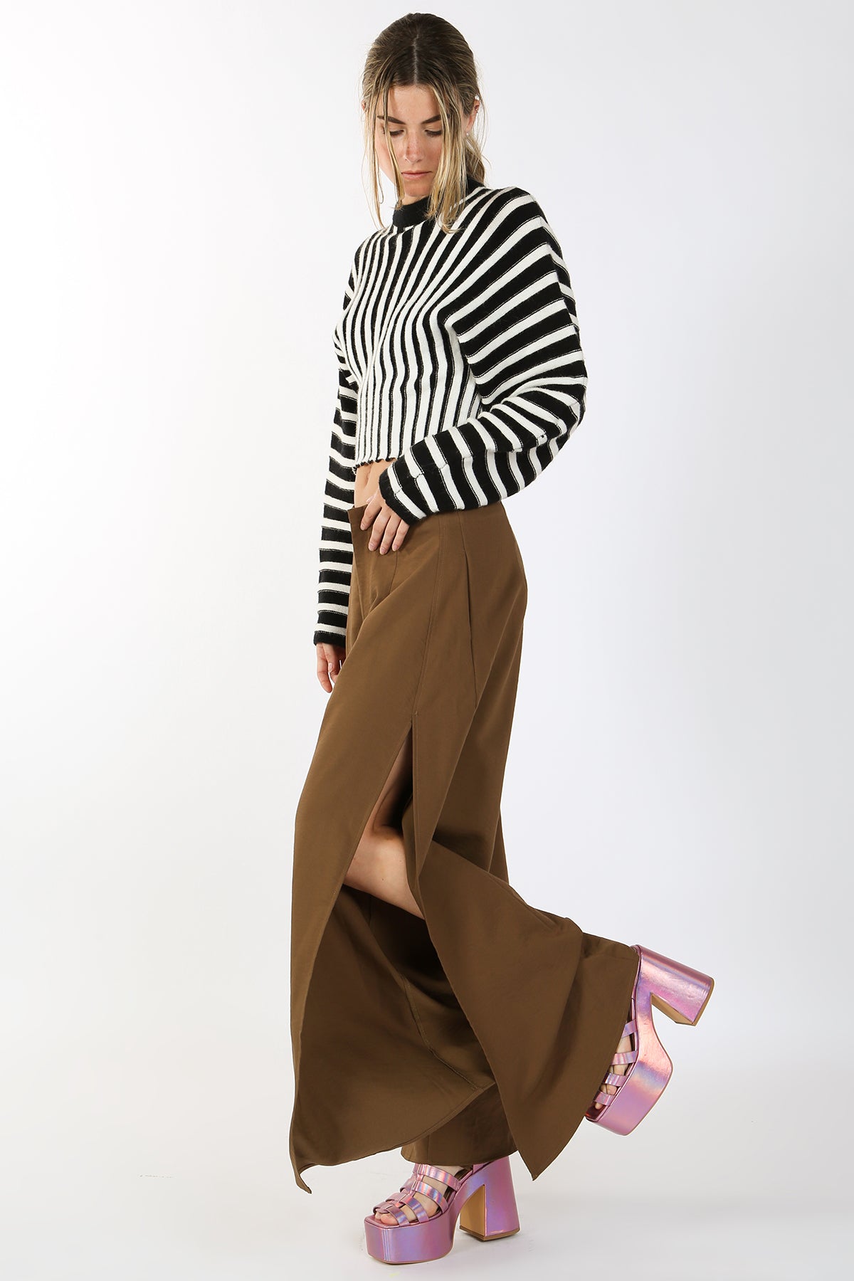 High-Waisted Side Slit Wide Maxi Pants - Shop Beulah Style
