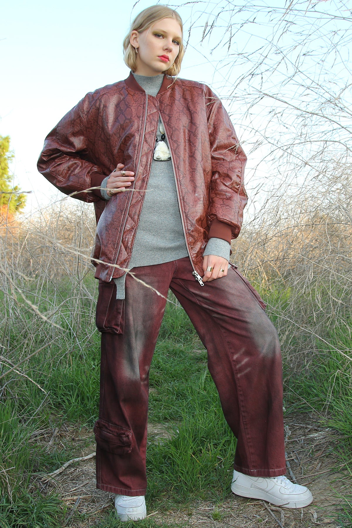 Pierce Snake Patterned Pleather Bomber Jacket - Shop Beulah Style