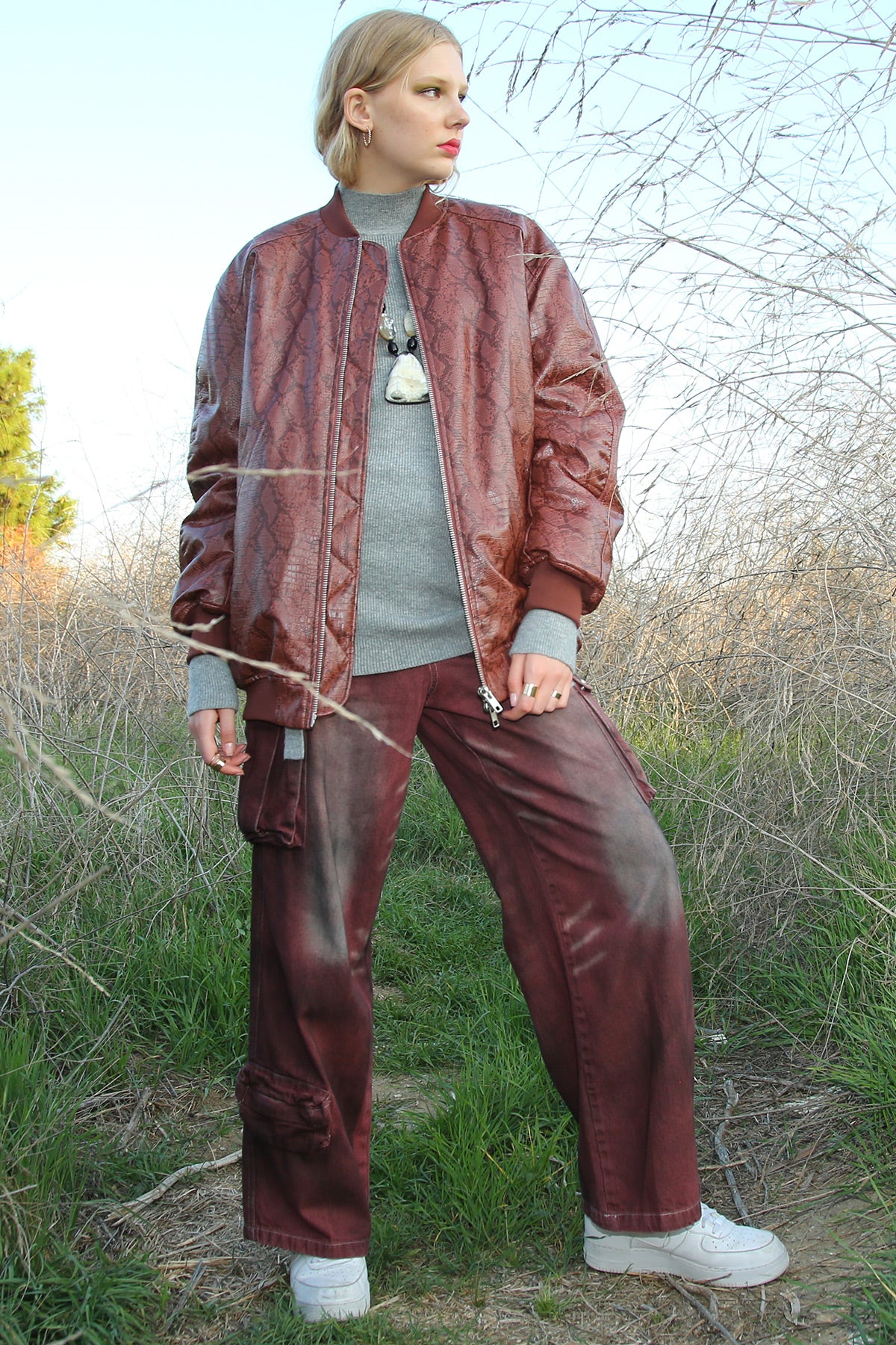 Pierce Snake Patterned Pleather Bomber Jacket - Shop Beulah Style