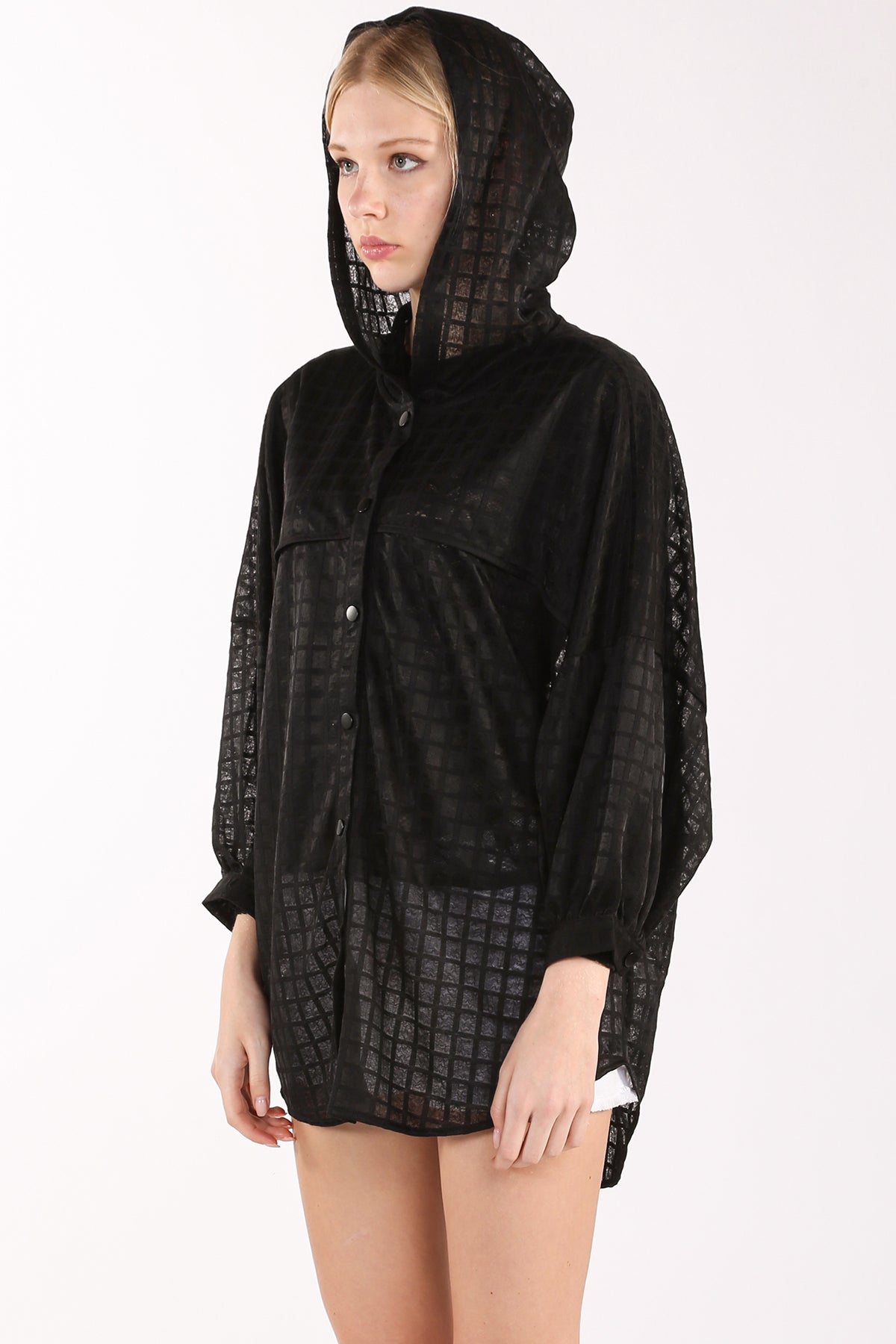 Khloe Hooded Plaid Pattern High-Low Sheer Cardigan - Shop Beulah Style