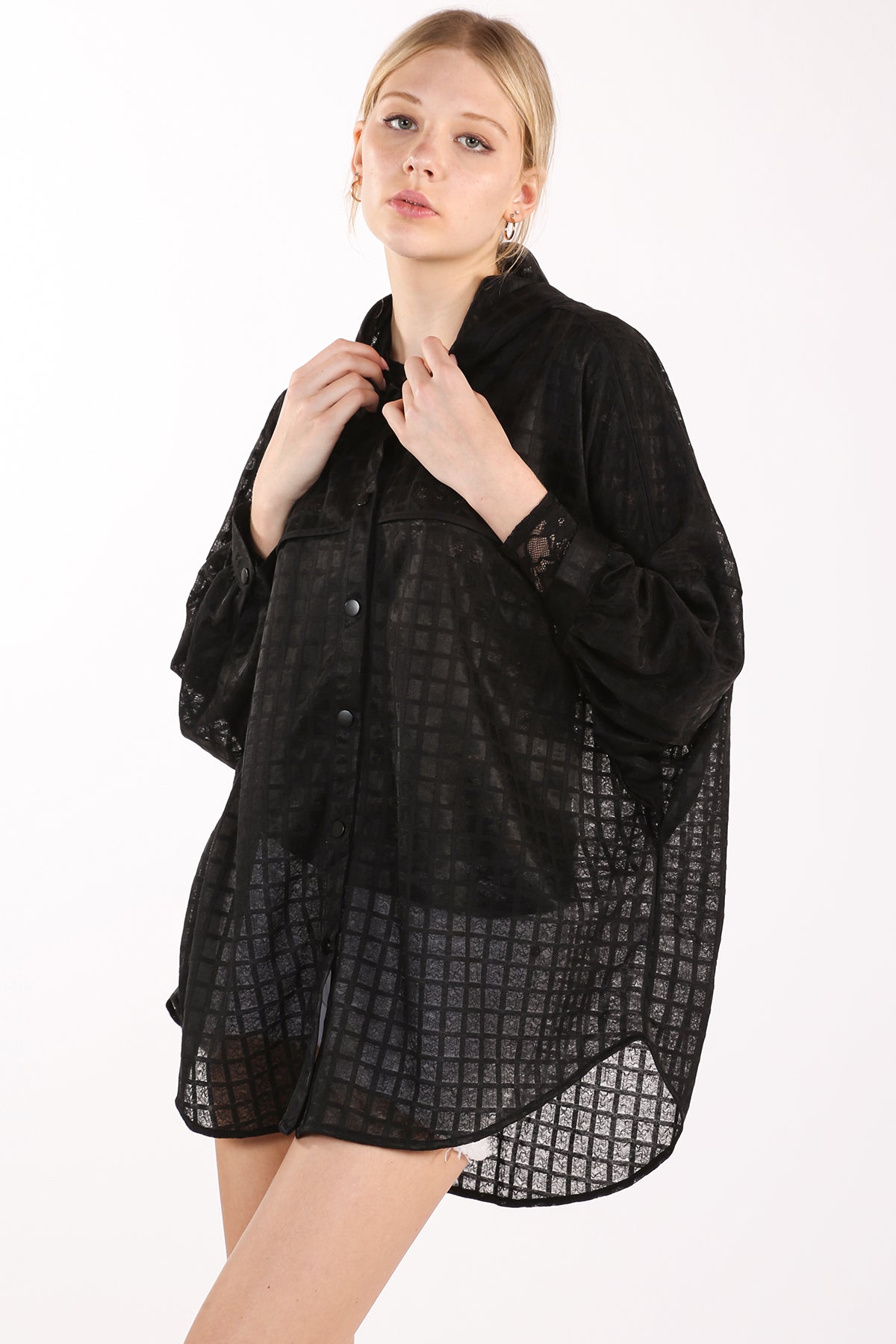 Khloe Hooded Plaid Pattern High-Low Sheer Cardigan - Shop Beulah Style