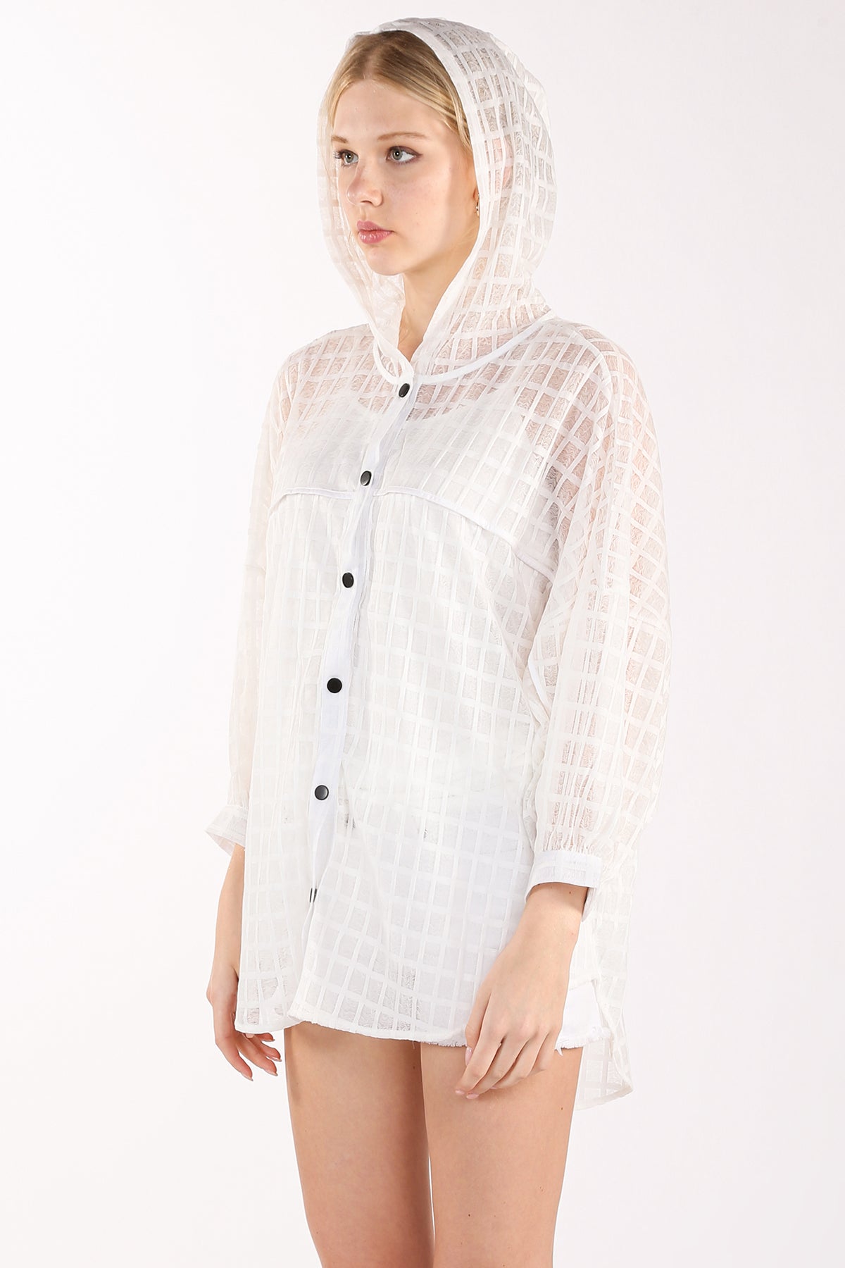 Khloe Hooded Plaid Pattern High-Low Sheer Cardigan - Shop Beulah Style