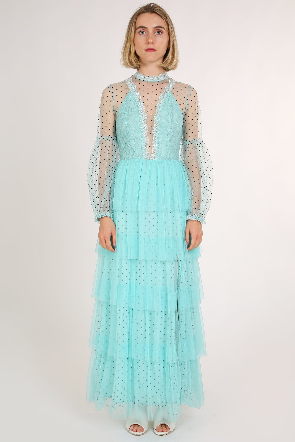 Mercy Polka Dot Printed Mesh Layered Long Dress - Shop Beulah Style