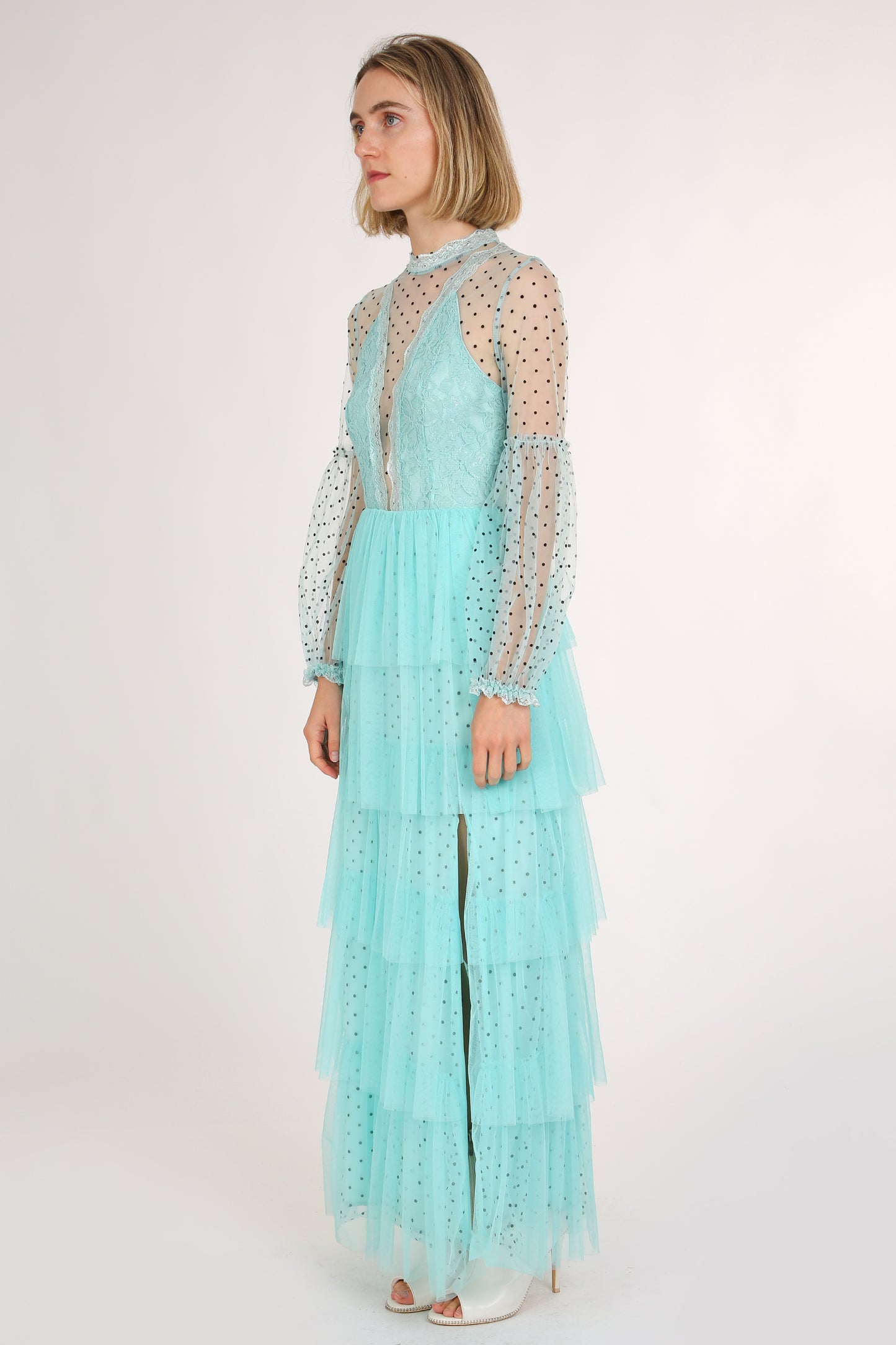 Mercy Polka Dot Printed Mesh Layered Long Dress - Shop Beulah Style
