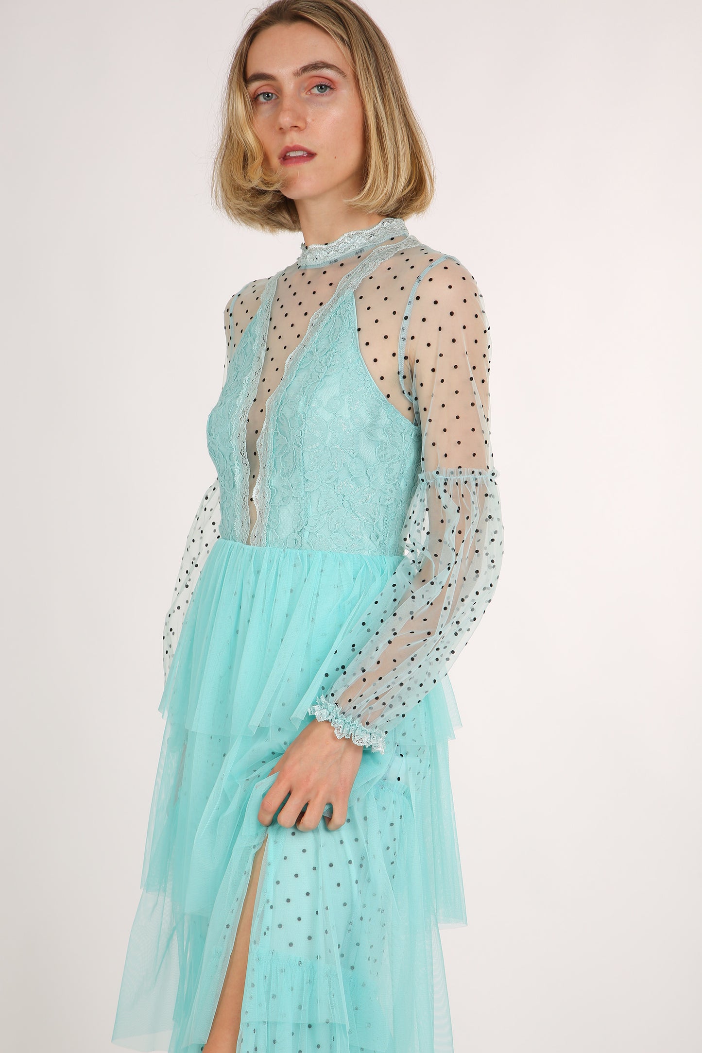 Mercy Polka Dot Printed Mesh Layered Long Dress - Shop Beulah Style