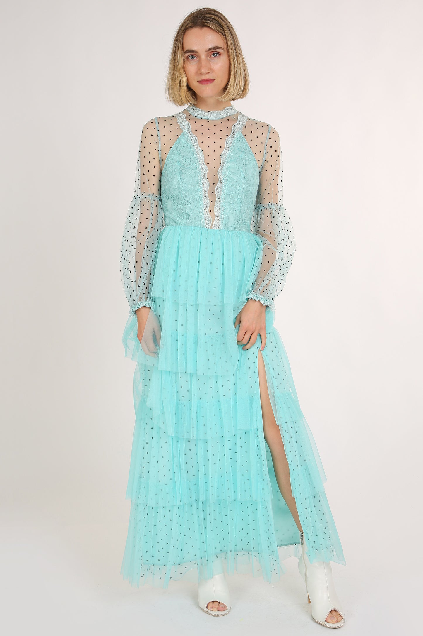 Mercy Polka Dot Printed Mesh Layered Long Dress - Shop Beulah Style