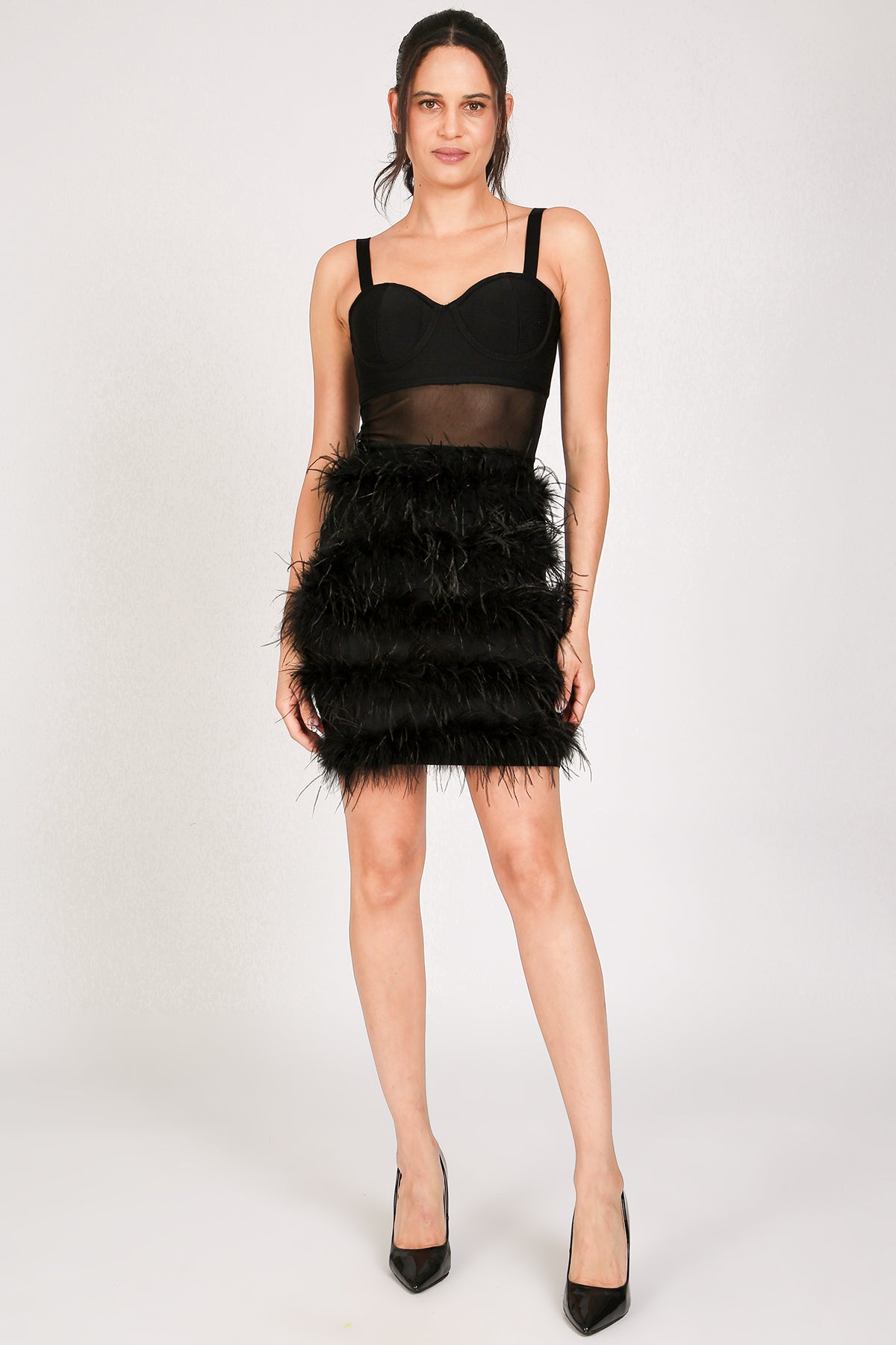 Victoria Tiered Faux Feather Pencil Slip Mini Dress - Shop Beulah Style