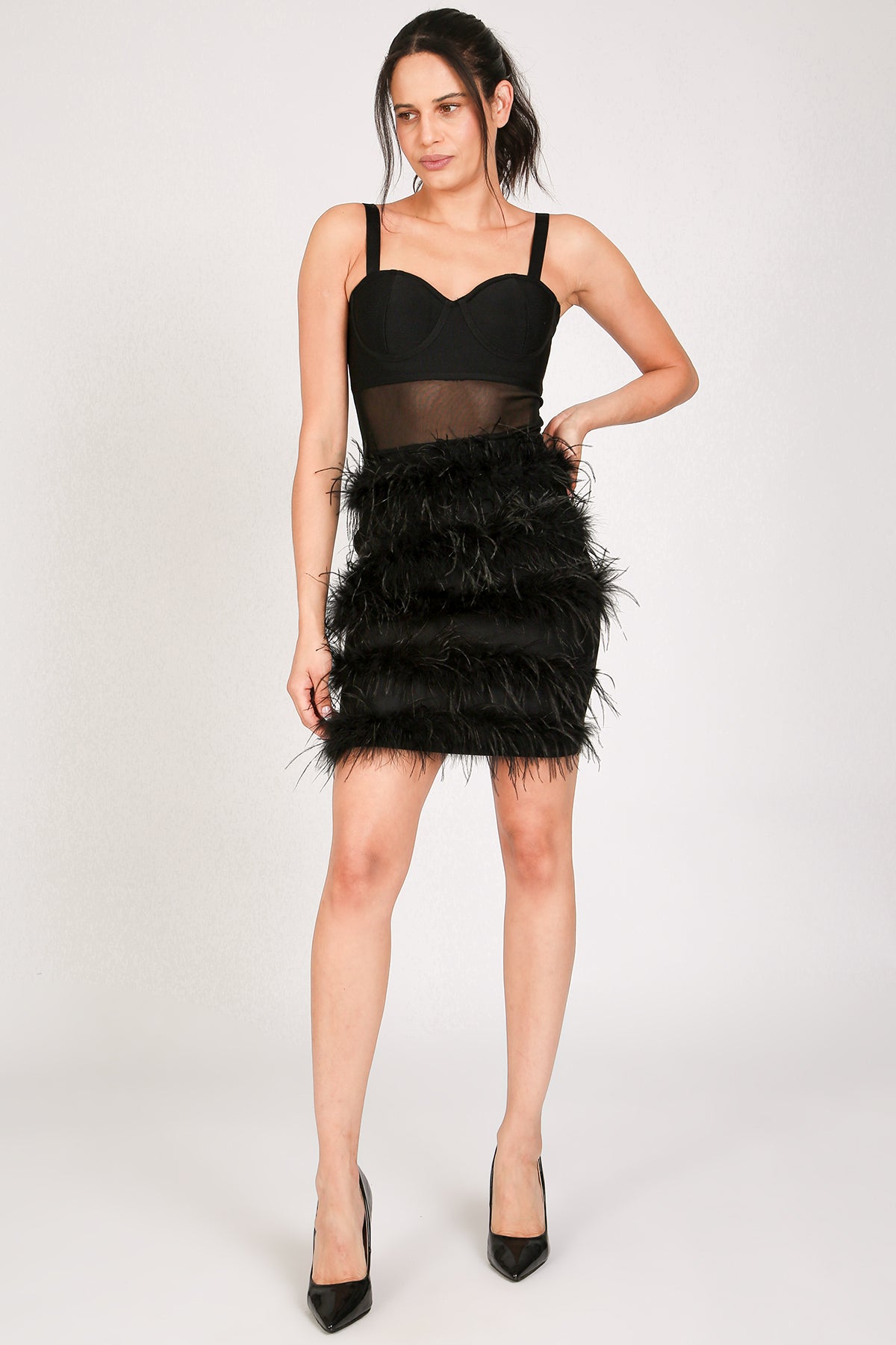 Victoria Tiered Faux Feather Pencil Slip Mini Dress - Shop Beulah Style