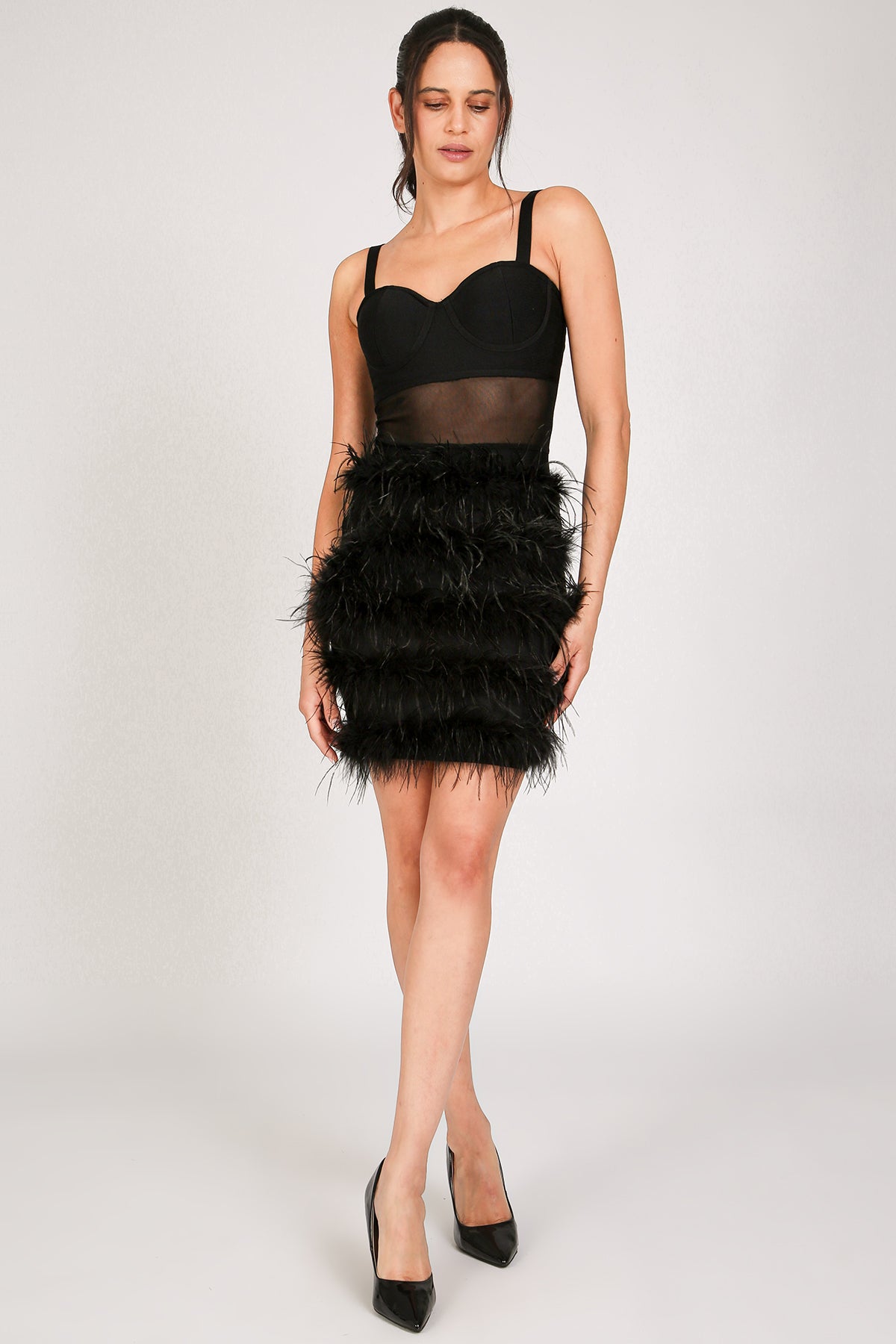 Victoria Tiered Faux Feather Pencil Slip Mini Dress - Shop Beulah Style
