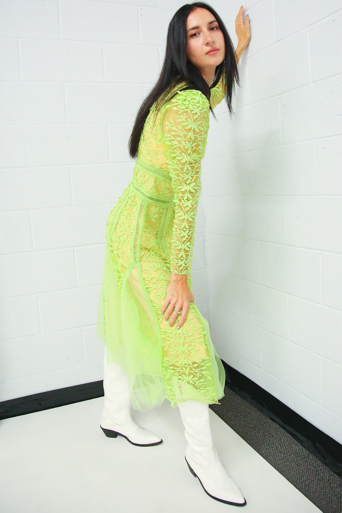 Marley Floral Embroidery Mesh Hollow Out Detail Midi Dress - Shop Beulah Style