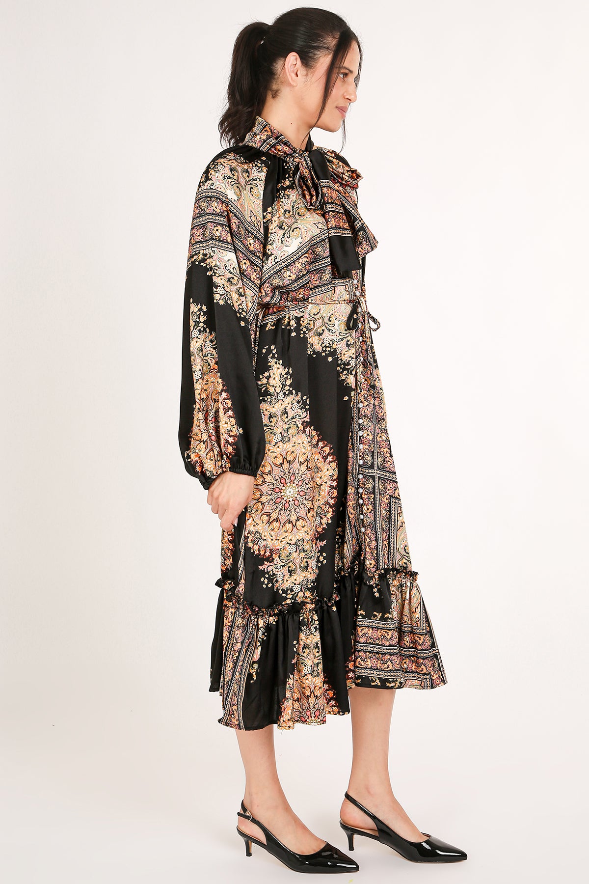 Jupiter Multi-Print Bowtie Satin Midi Dress - Shop Beulah Style