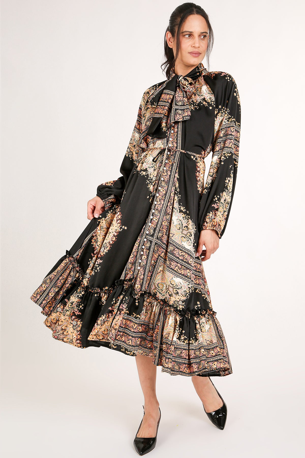 Jupiter Multi-Print Bowtie Satin Midi Dress - Shop Beulah Style