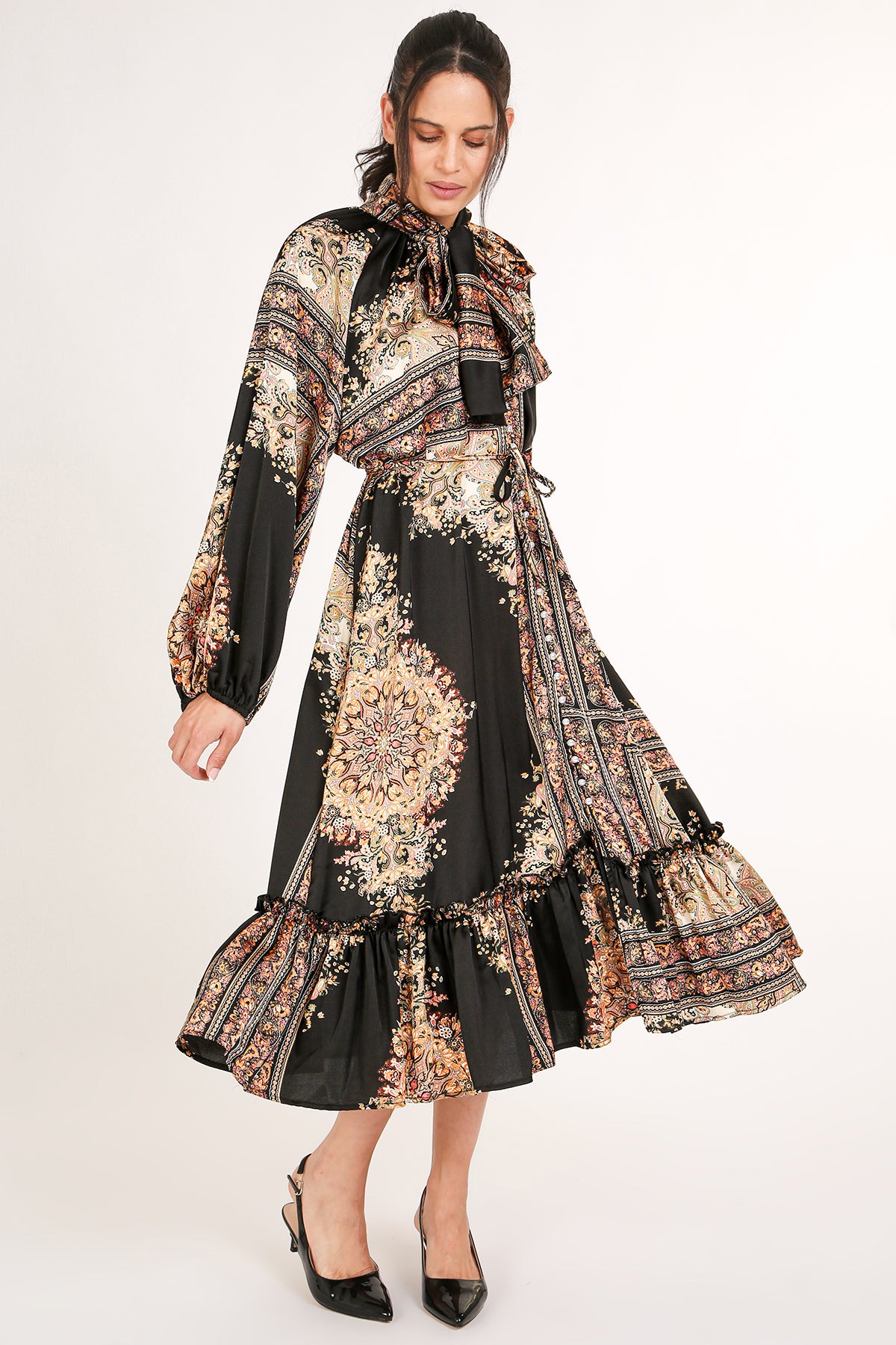 Jupiter Multi-Print Bowtie Satin Midi Dress - Shop Beulah Style