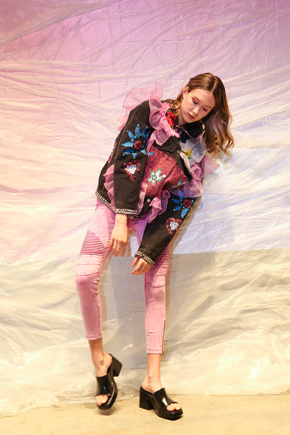 Multi Floral Appliques Sheer Ruffled Shoulder Denim Jacket – Shop