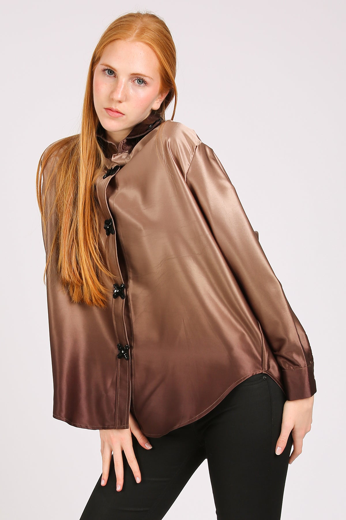 Greta Floral Cross Beaded Glossy Satin Shirt