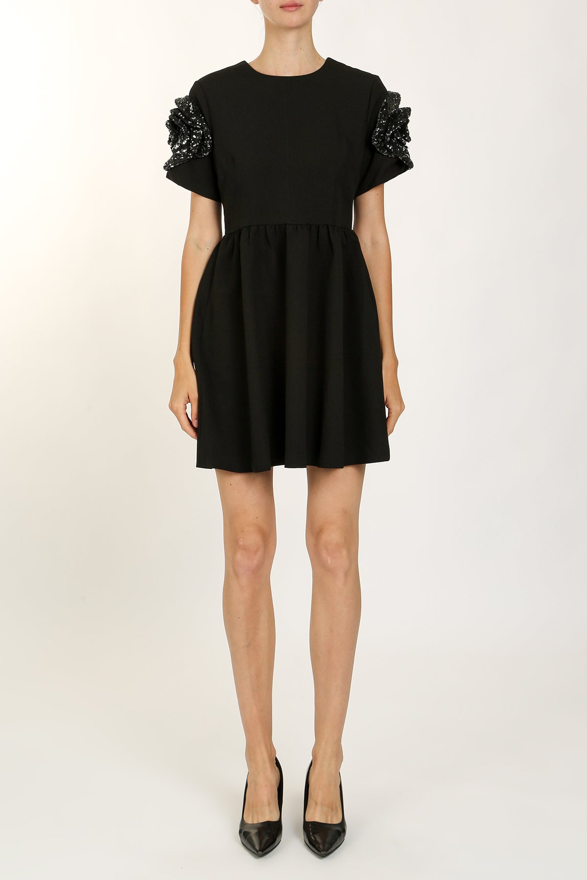 Sequined Floral Appliques Gathered Mini Dress - Shop Beulah Style
