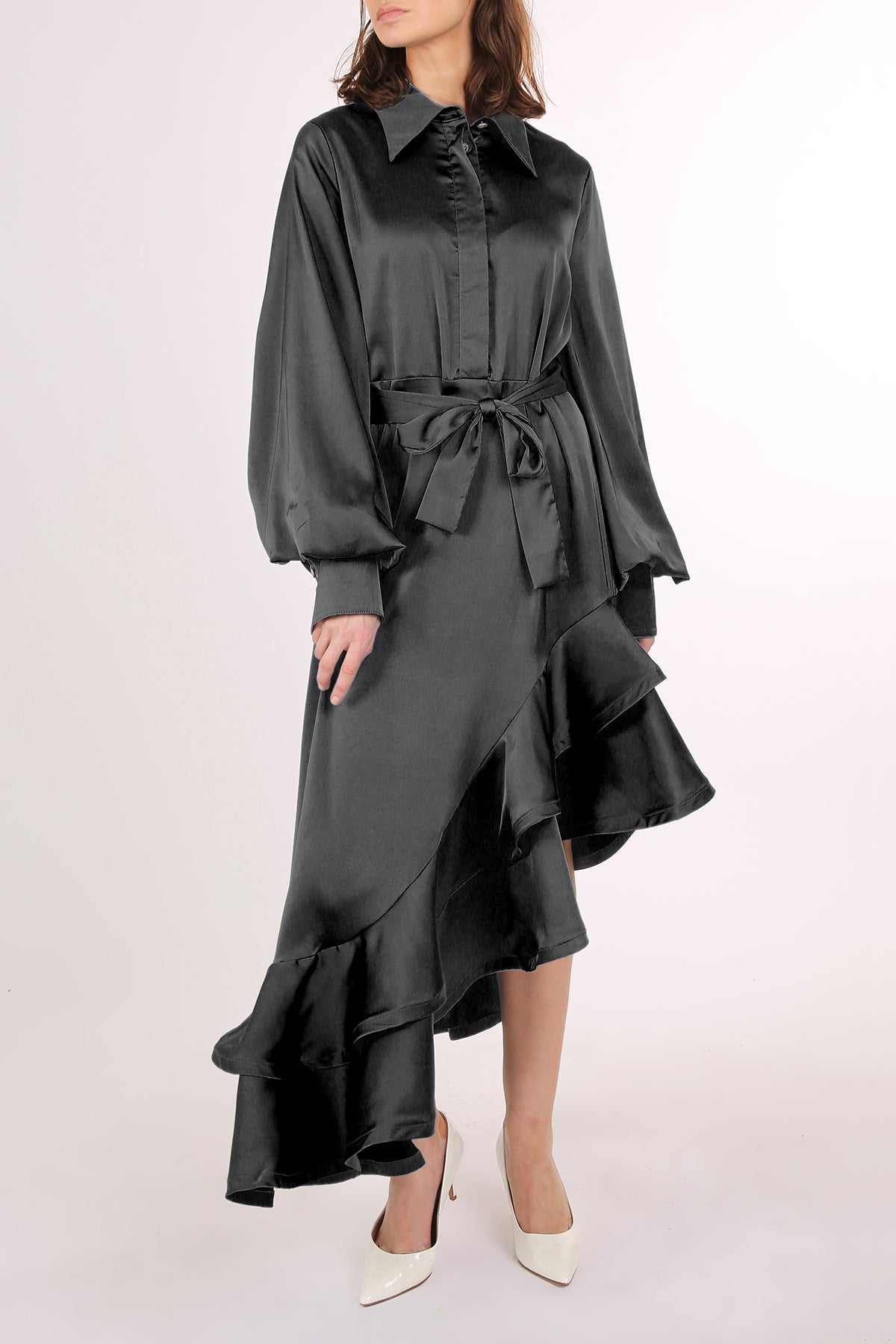 Kas Satin Belted Asymmetrical Hi-Low Hem Maxi Dress - Shop Beulah Style