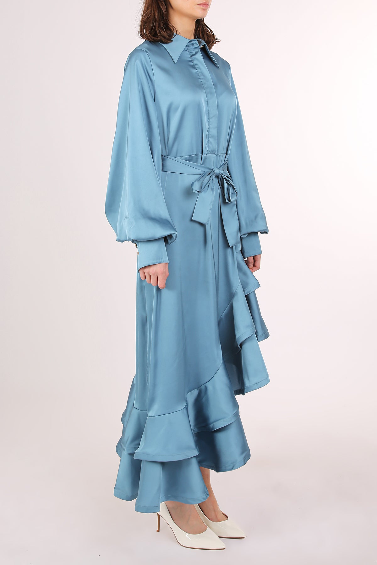 Kas Satin Belted Asymmetrical Hi-Low Hem Maxi Dress - Shop Beulah Style