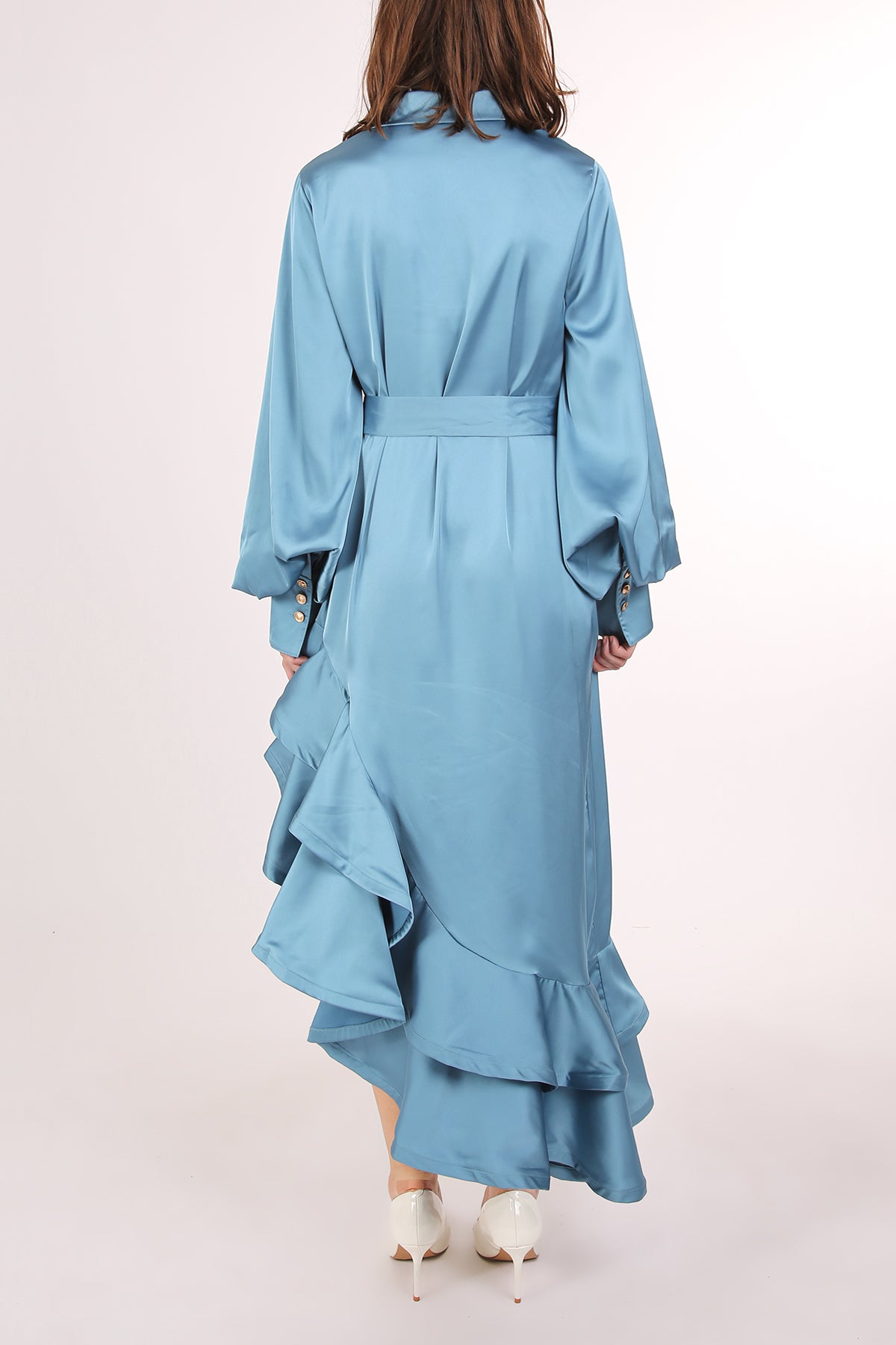 Kas Satin Belted Asymmetrical Hi-Low Hem Maxi Dress - Shop Beulah Style