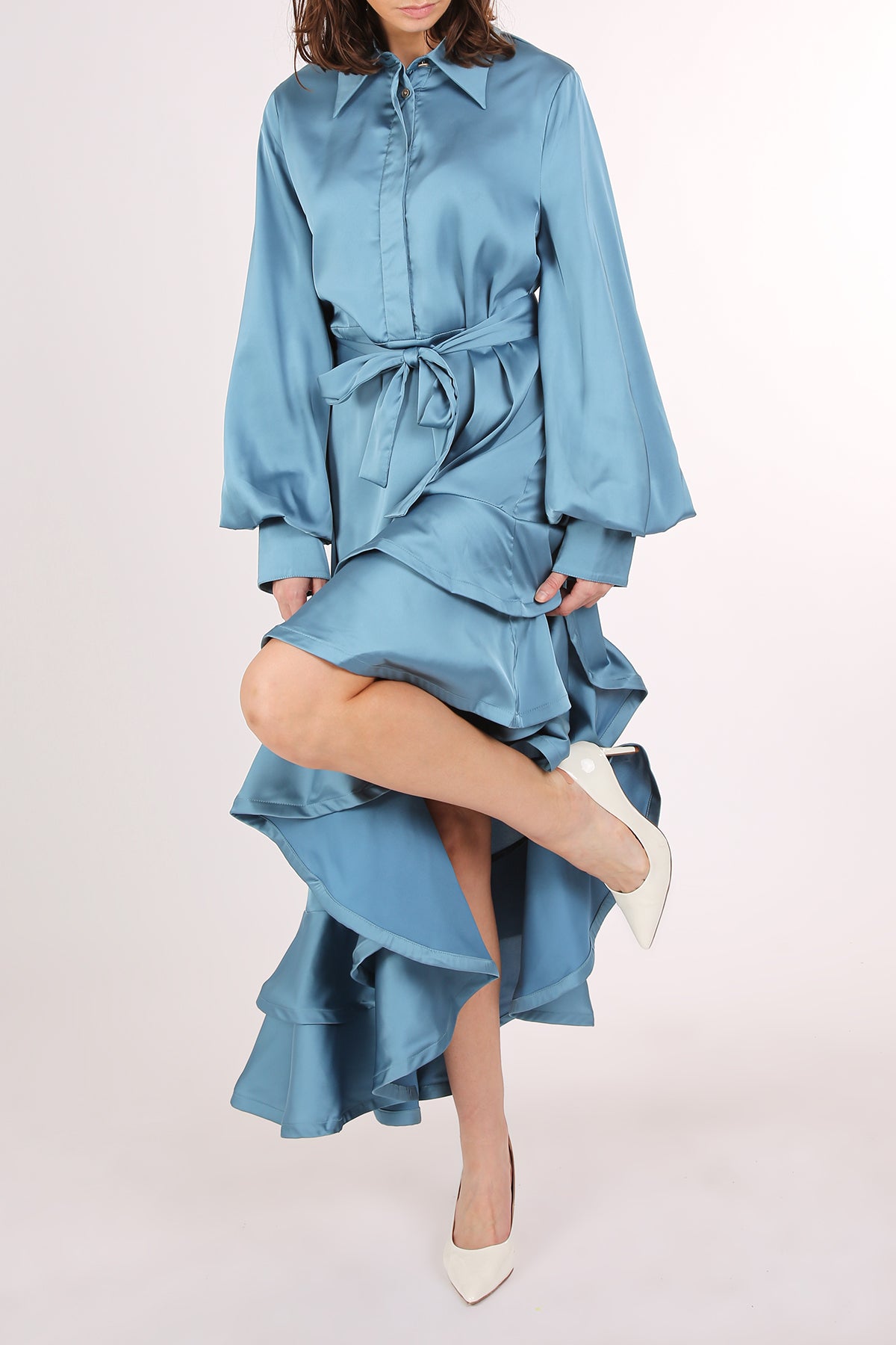 Kas Satin Belted Asymmetrical Hi-Low Hem Maxi Dress - Shop Beulah Style