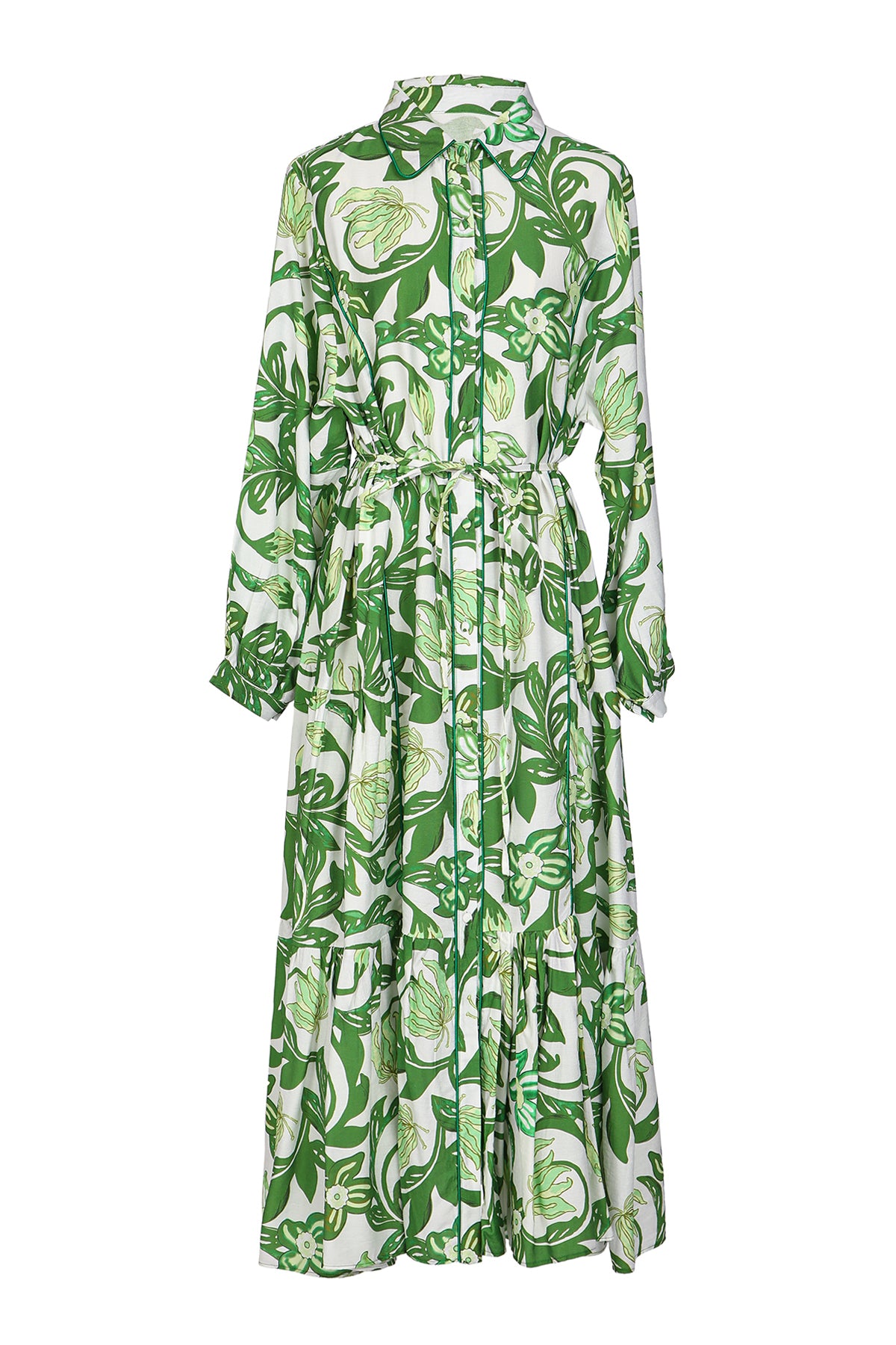 James Botanical Print Belted Maxi Tiered Shirt Dress - Shop Beulah Style