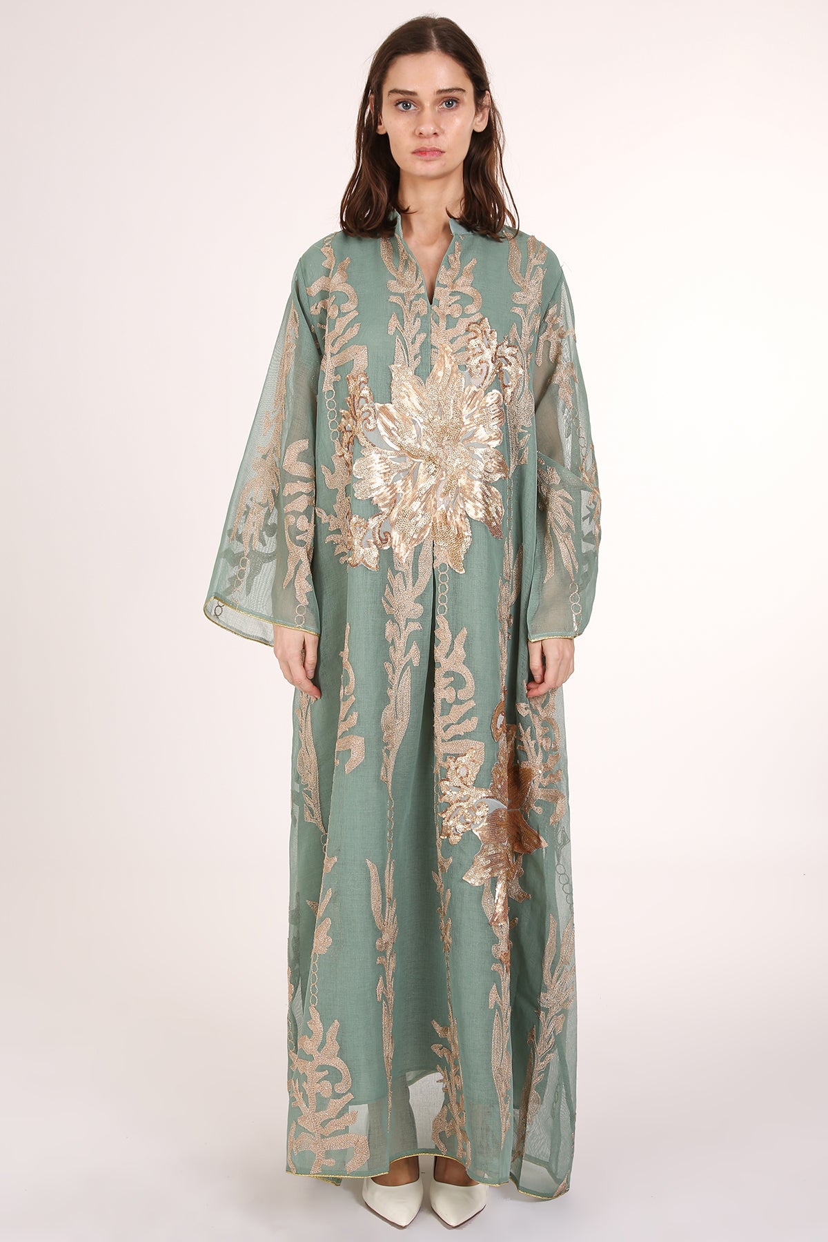Jane Sequined Floral Embroidered Linen Gauze Maxi Dress