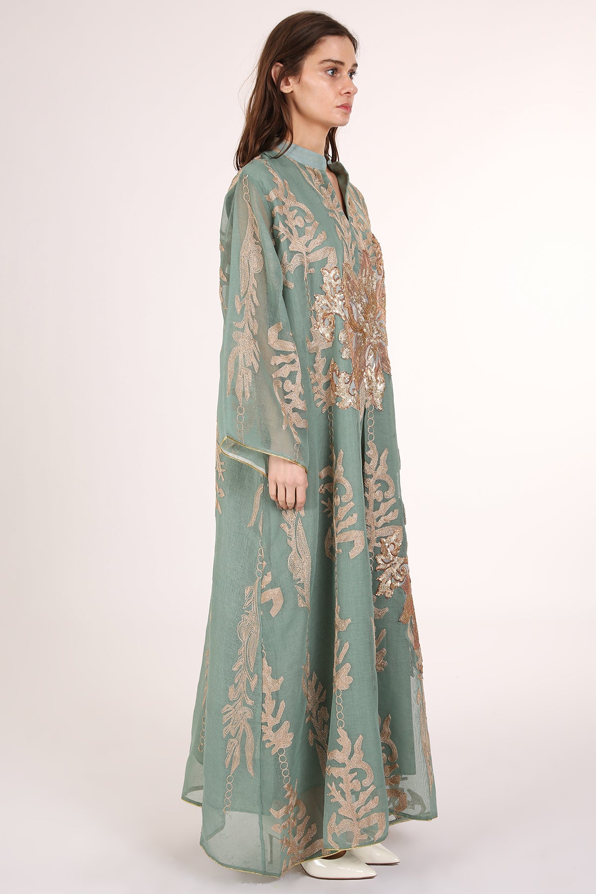 Jane Sequined Floral Embroidered Linen Gauze Maxi Dress