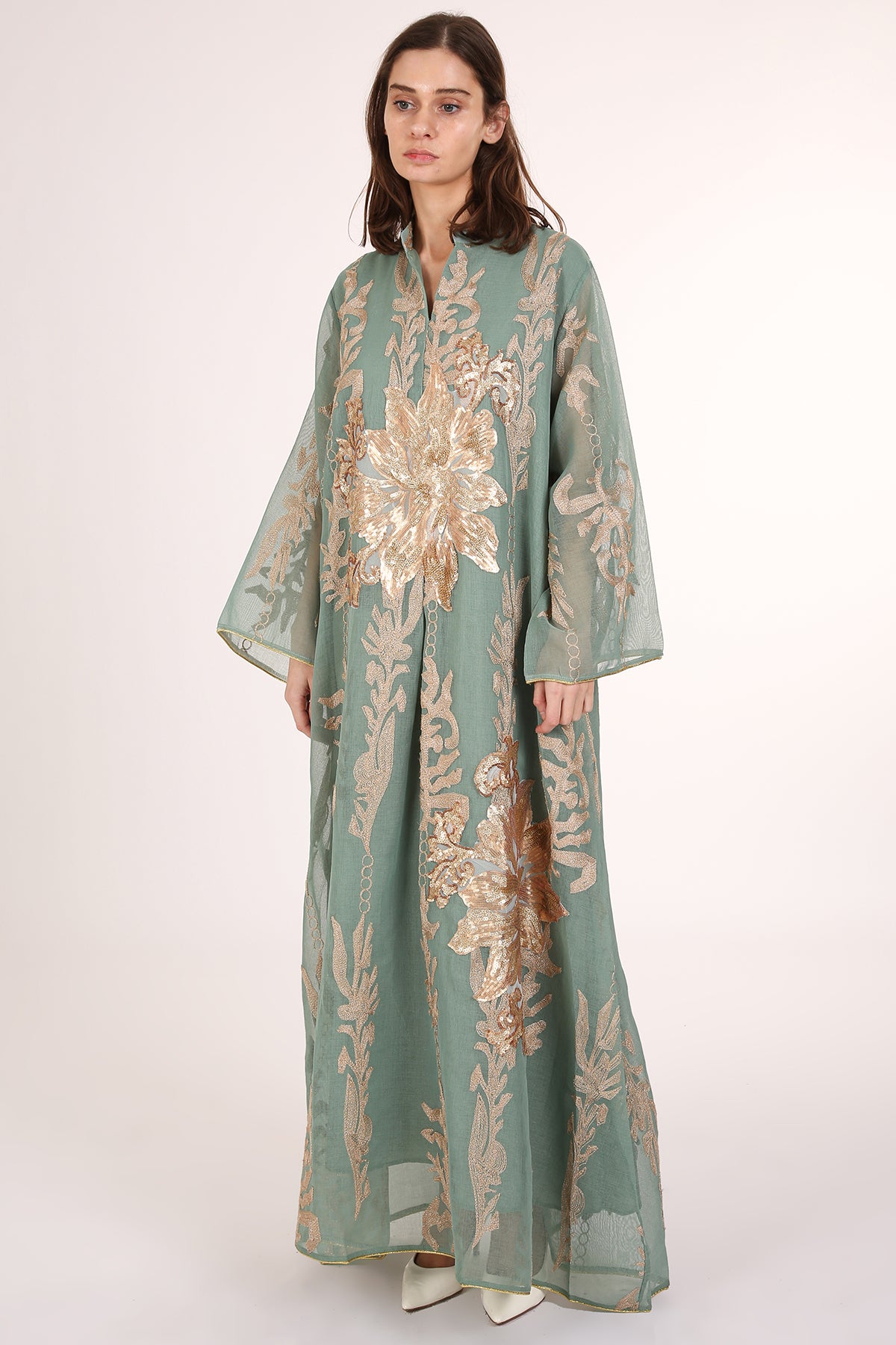 Jane Sequined Floral Embroidered Linen Gauze Maxi Dress