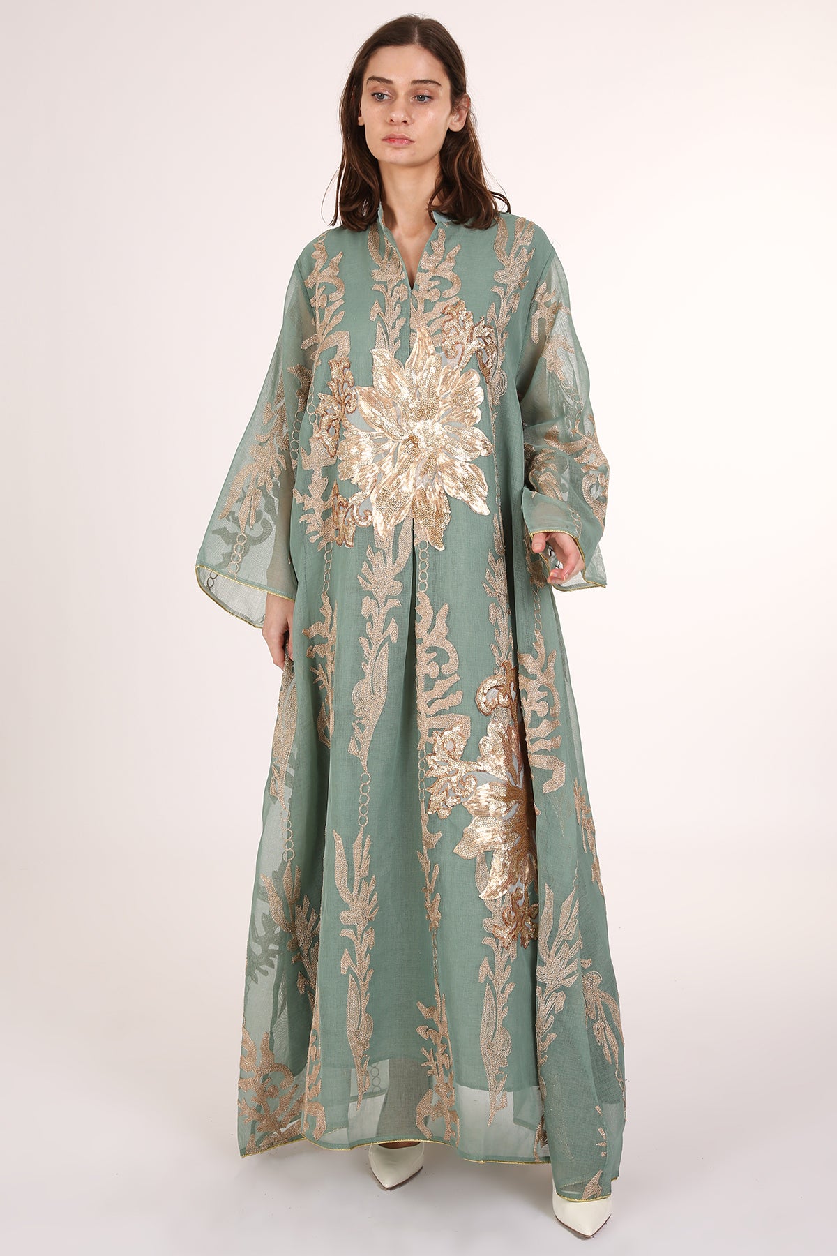 Jane Sequined Floral Embroidered Linen Gauze Maxi Dress