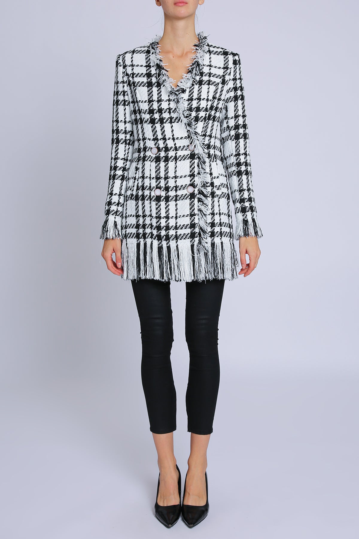 Aryan Plaid Tweed Fringe Trim Double Breasted Jacket - Shop Beulah Style