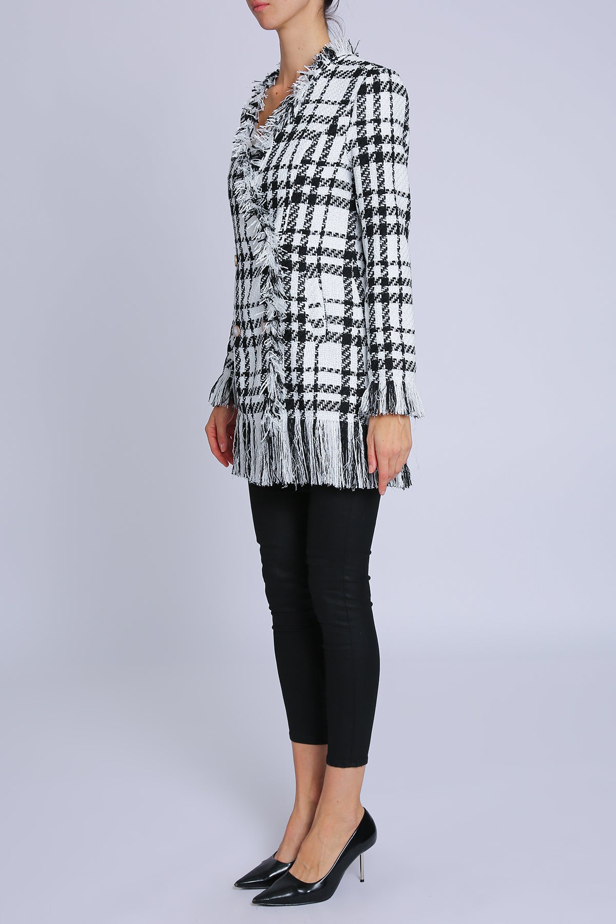 Aryan Plaid Tweed Fringe Trim Double Breasted Jacket - Shop Beulah Style