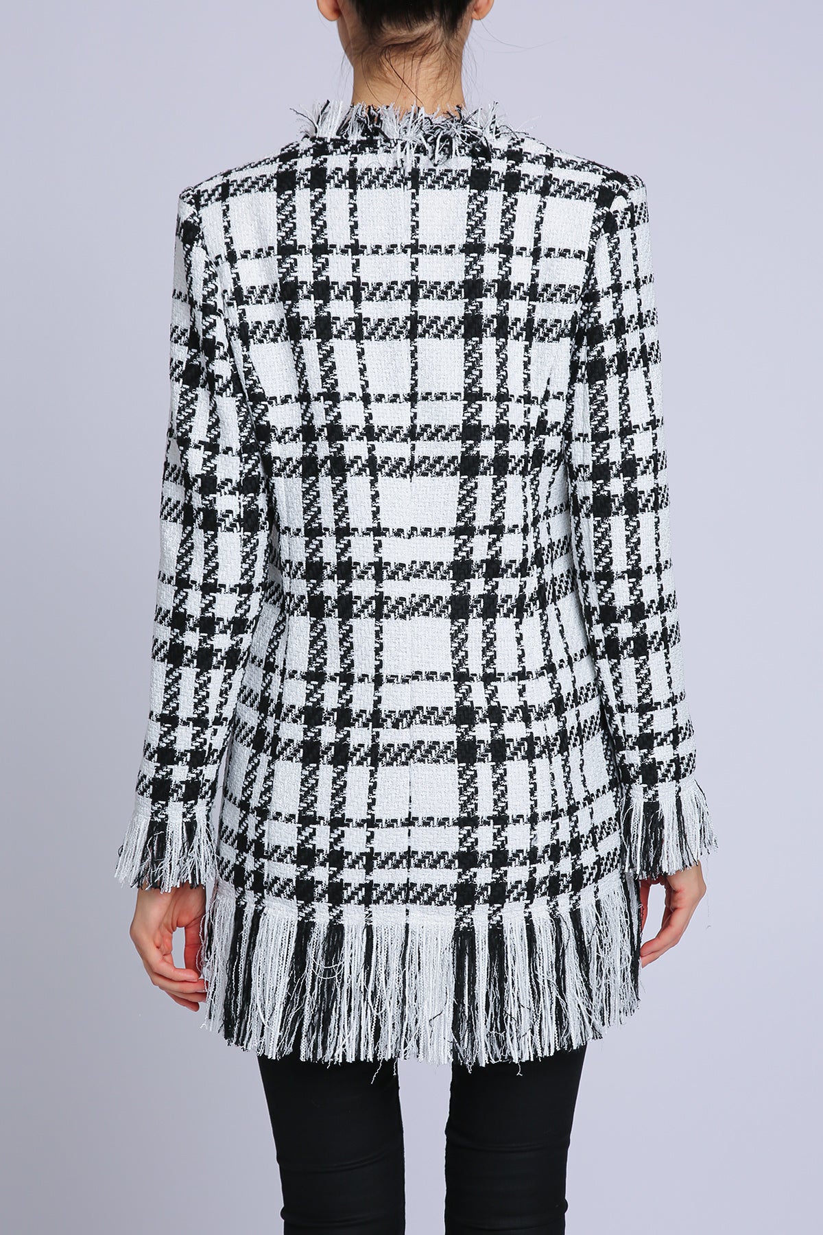 Aryan Plaid Tweed Fringe Trim Double Breasted Jacket - Shop Beulah Style