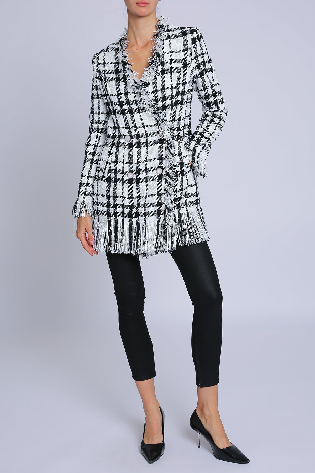 Aryan Plaid Tweed Fringe Trim Double Breasted Jacket - Shop Beulah Style