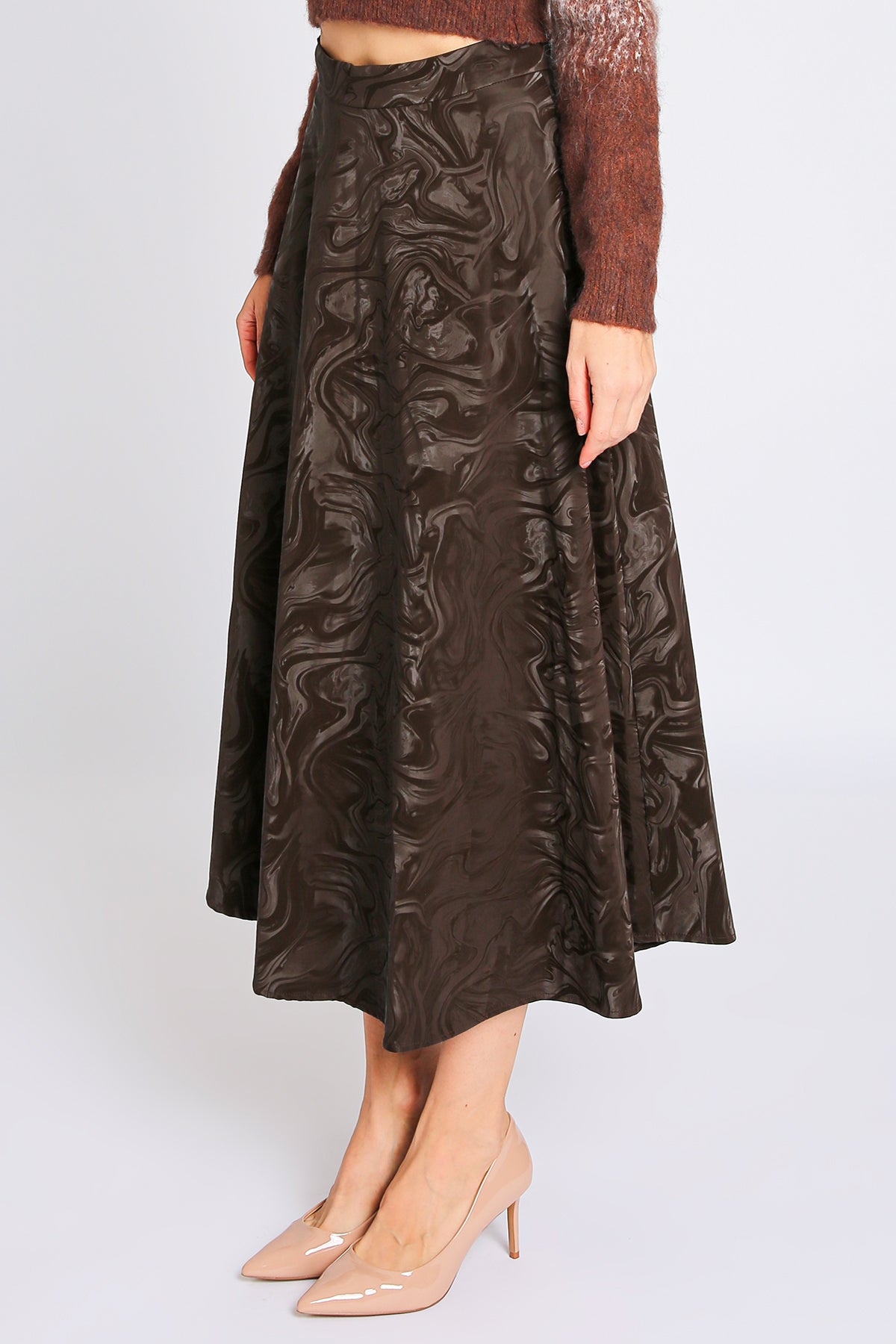 Travis Abstract Pattern Faux Leather A-Line Midi Skirt