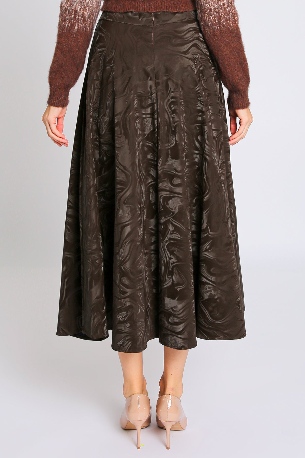 Travis Abstract Pattern Faux Leather A-Line Midi Skirt