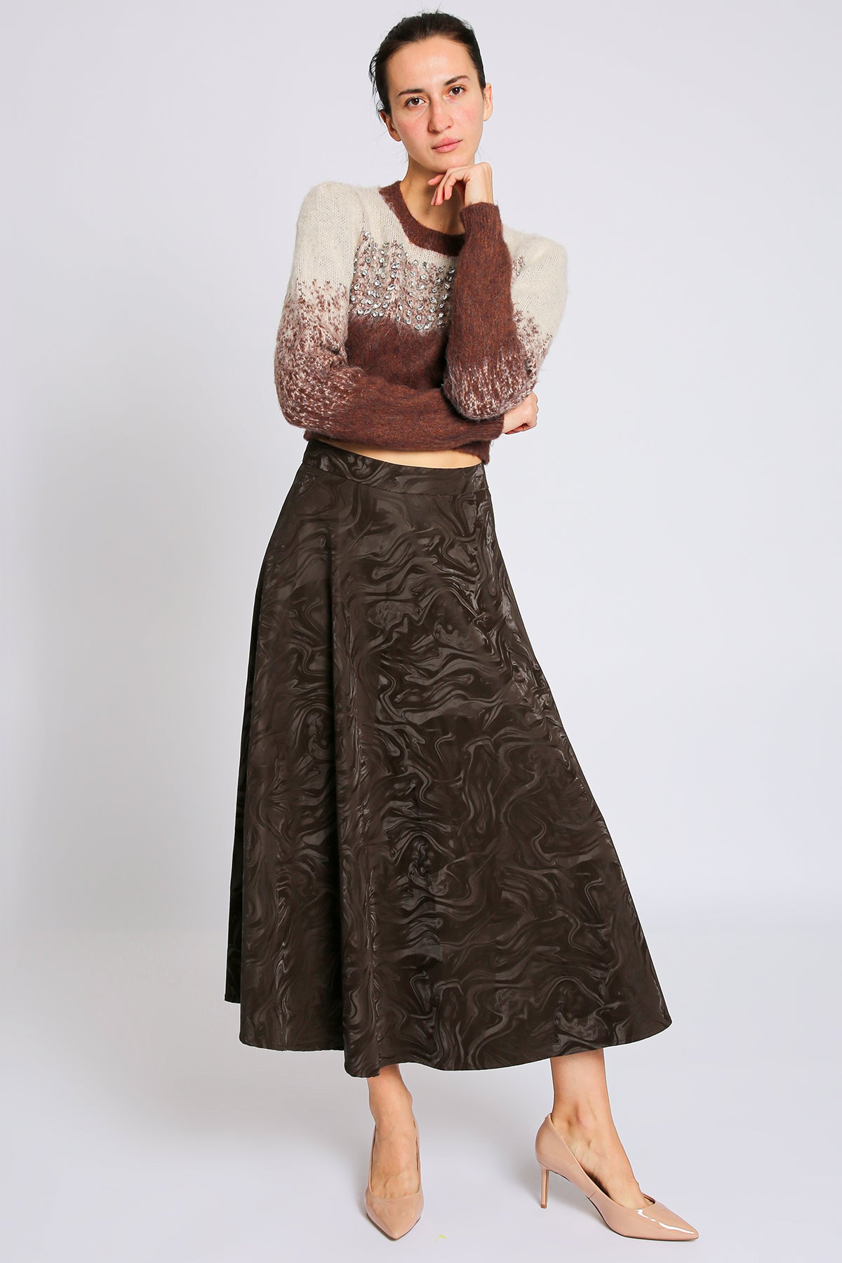 Travis Abstract Pattern Faux Leather A-Line Midi Skirt
