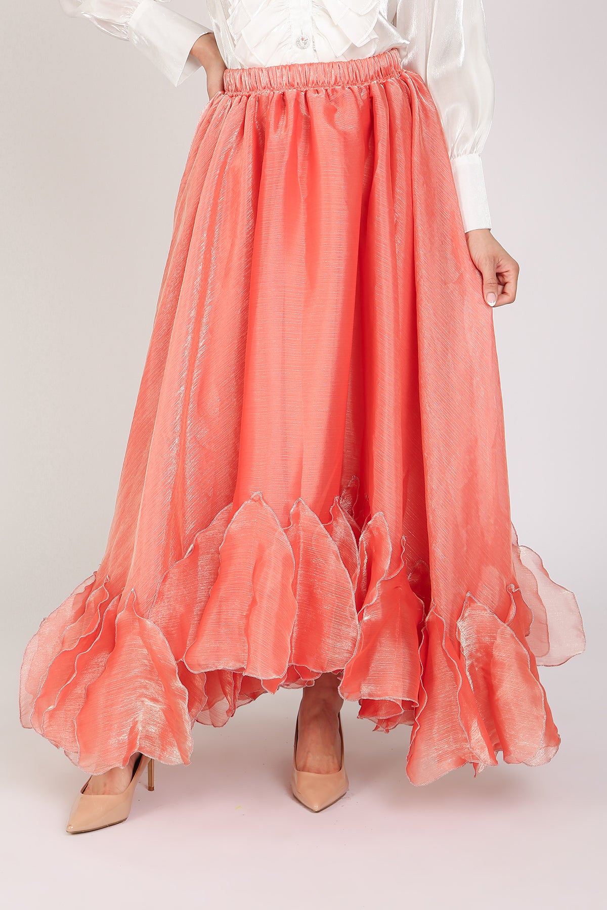 Kalisa Glossy Ruffles Tulle Detail High-Waisted Maxi Skirt - Shop Beulah Style