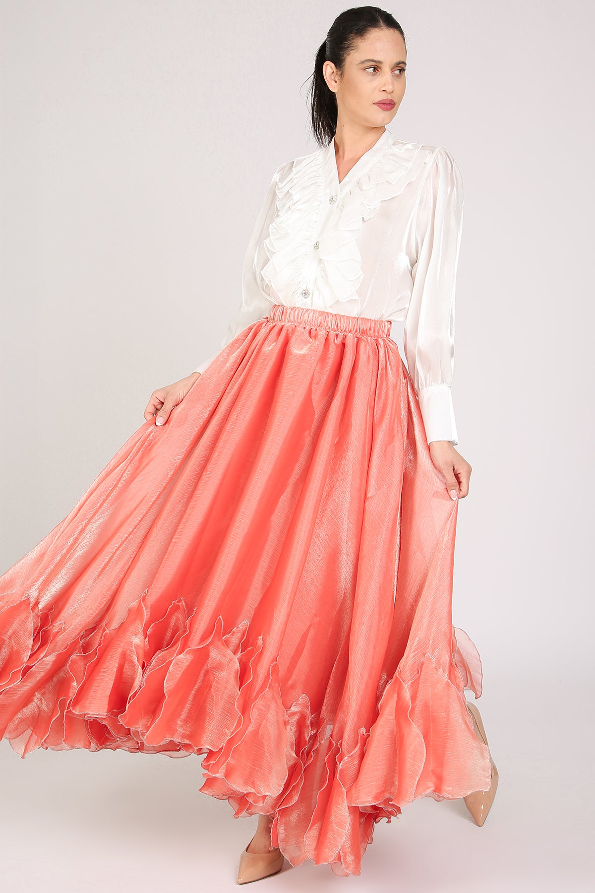 Kalisa Glossy Ruffles Tulle Detail High-Waisted Maxi Skirt - Shop Beulah Style