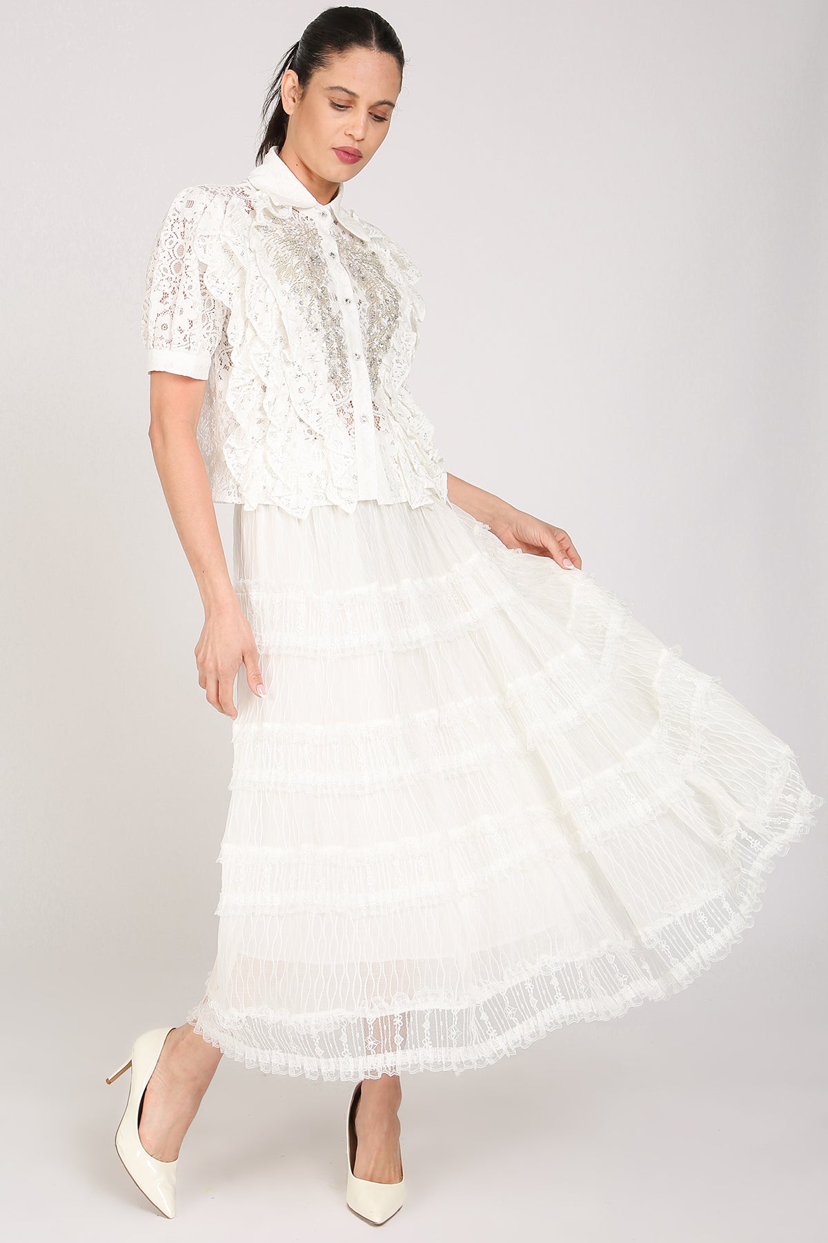 Caroline Tiered Embroidered Mesh Sheer Maxi Skirt - Shop Beulah Style