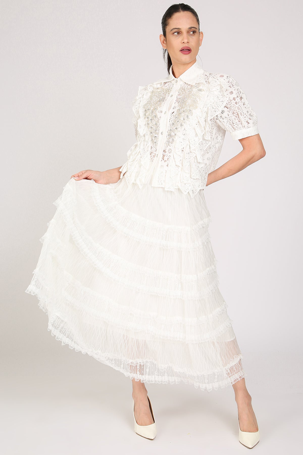 Caroline Tiered Embroidered Mesh Sheer Maxi Skirt - Shop Beulah Style