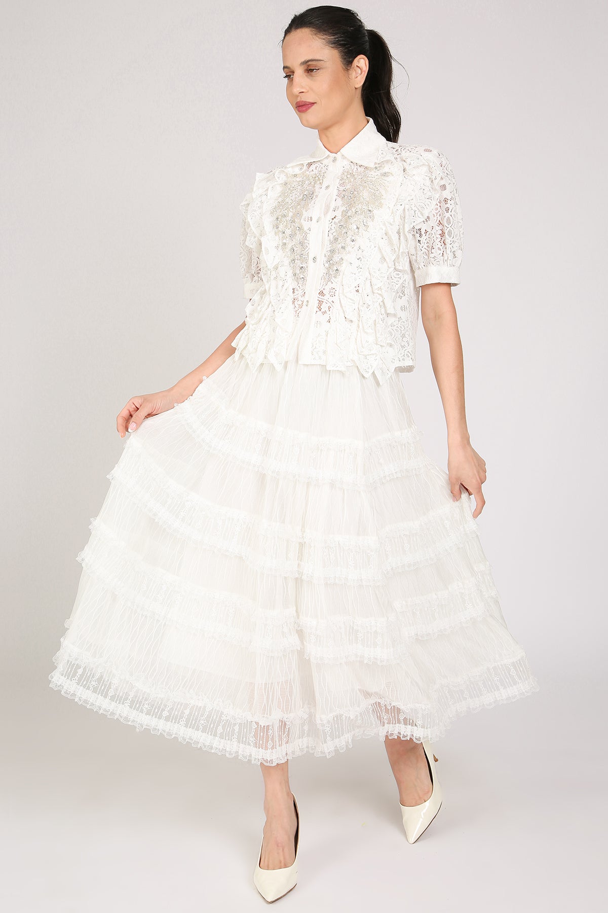 Caroline Tiered Embroidered Mesh Sheer Maxi Skirt - Shop Beulah Style