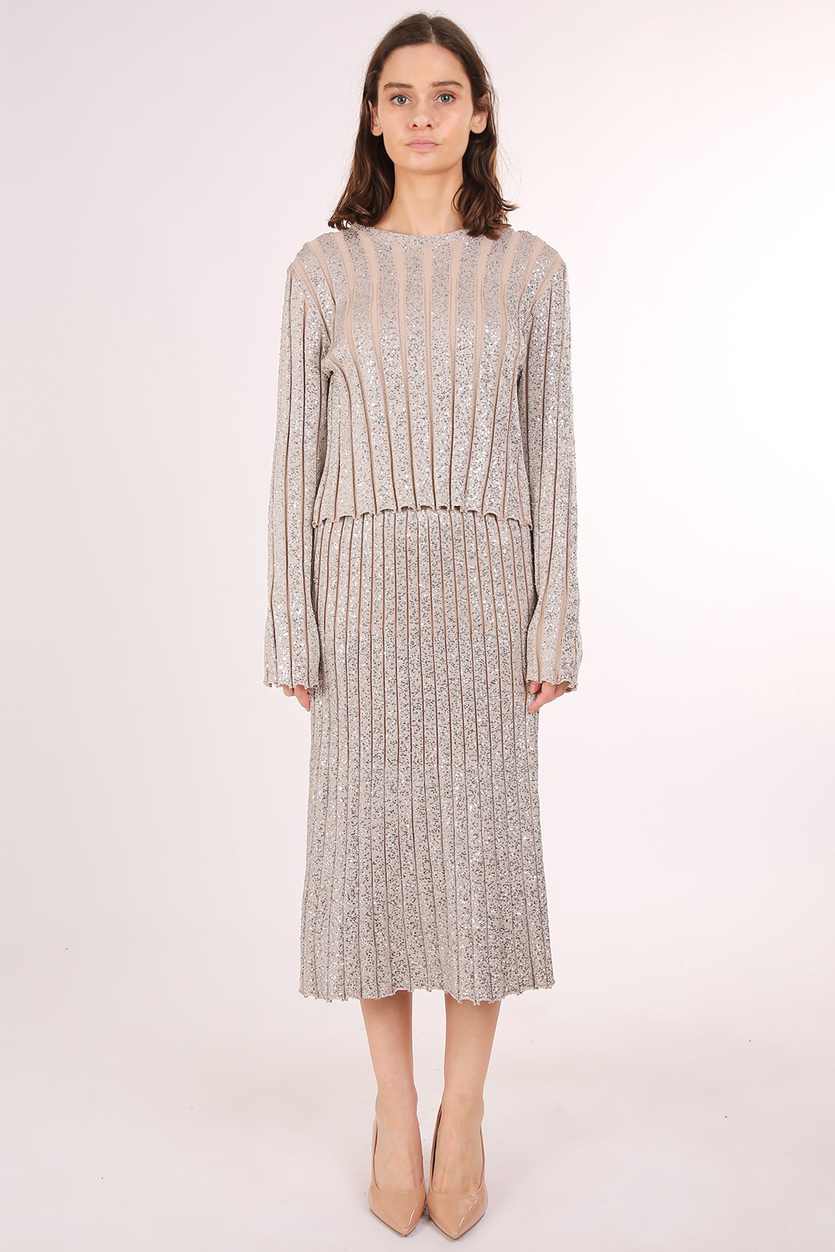 Janet Pleat Sequined Detail Knit Ribbed Top & Skirt Set - Shop Beulah Style