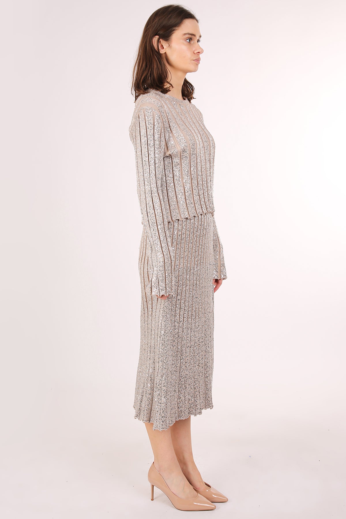 Janet Pleat Sequined Detail Knit Ribbed Top & Skirt Set - Shop Beulah Style