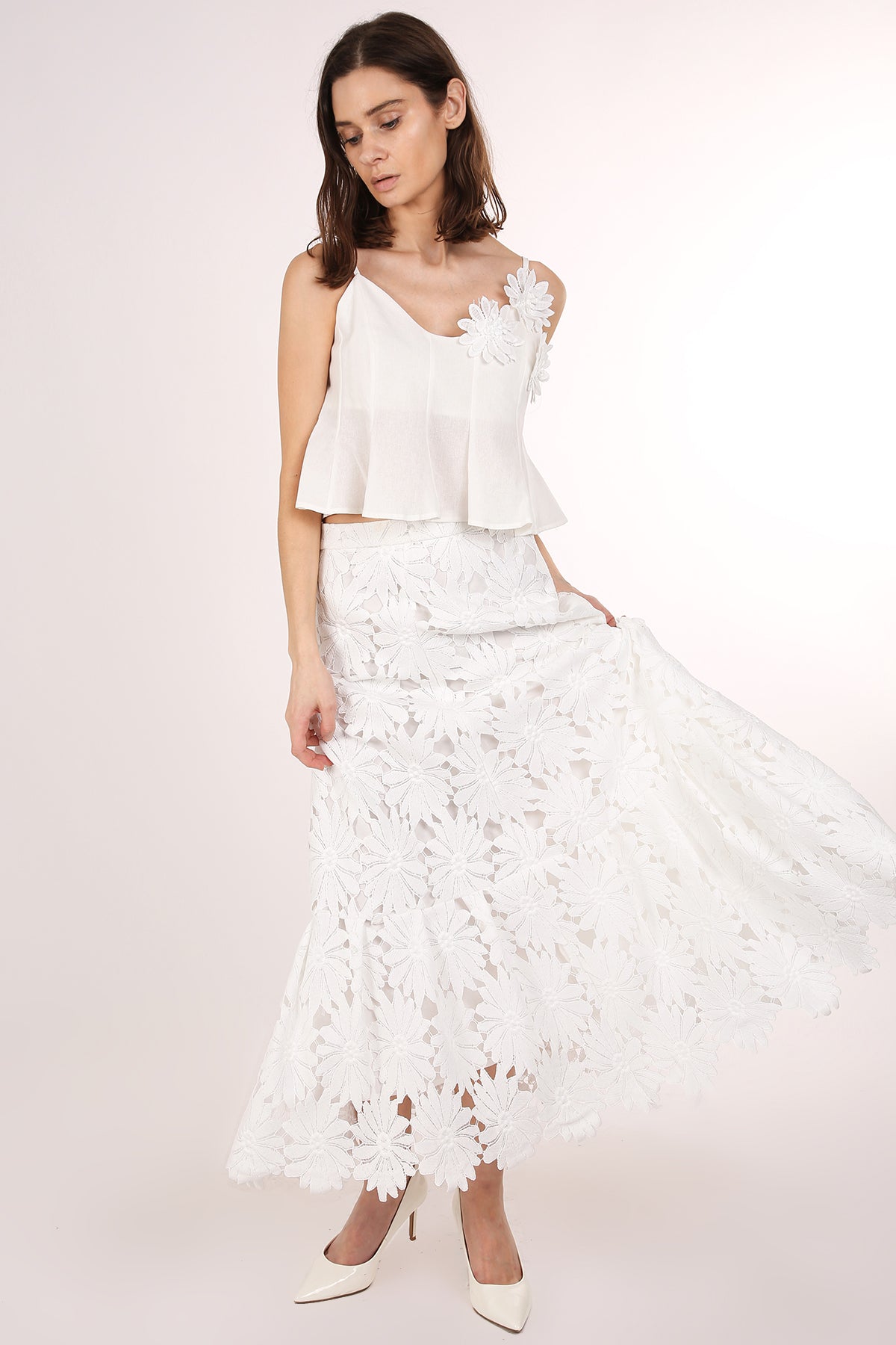 Thaddeus 3D Floral Lace Detail Slip Crop Top & Skirt Set - Shop Beulah Style